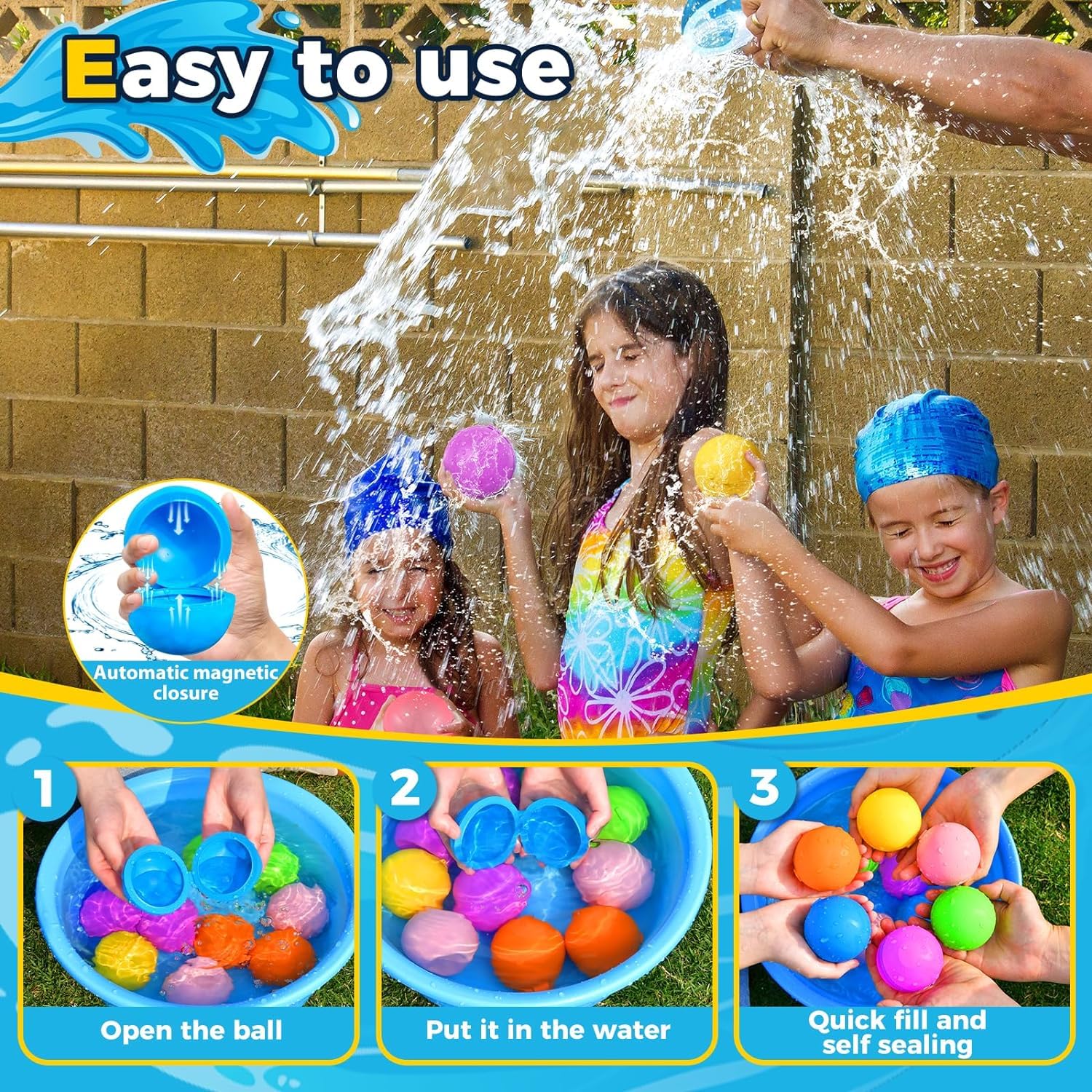 SOPPYCID 16PCS Reusable Water Balloons - Quick Fill Magnetic Self-Sealing Water Balls for Kids Ages 4-12 - Refillable Splash Bombs for Summer, Pool Parties, Beach & Outdoor Water Play - Fun Water Toys for Toddlers & Children