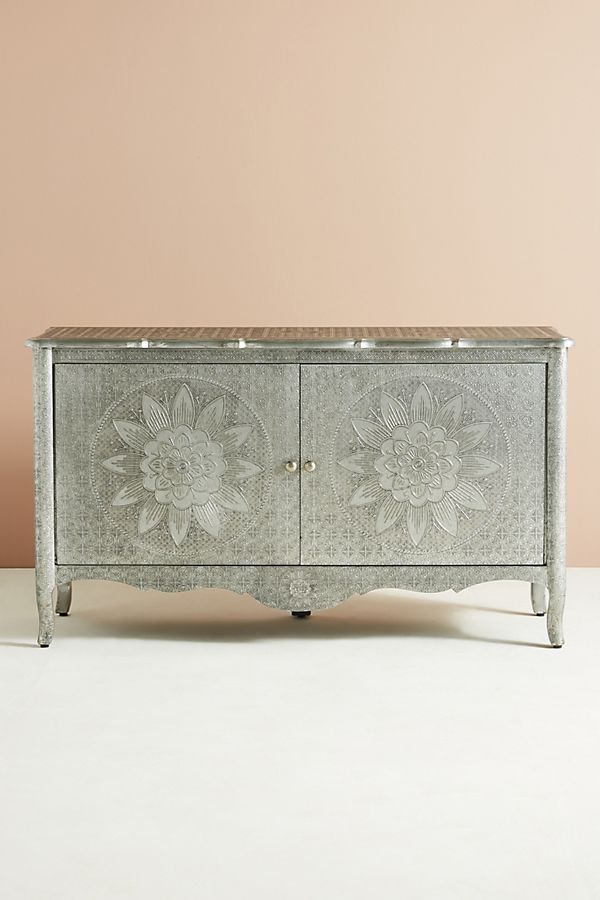 Hand Embossed Metal Buffet Table in White | Indian Handcrafted Sideboard with Floral Design | Perfect for Dining Room, Living Room & Wedding Decor
