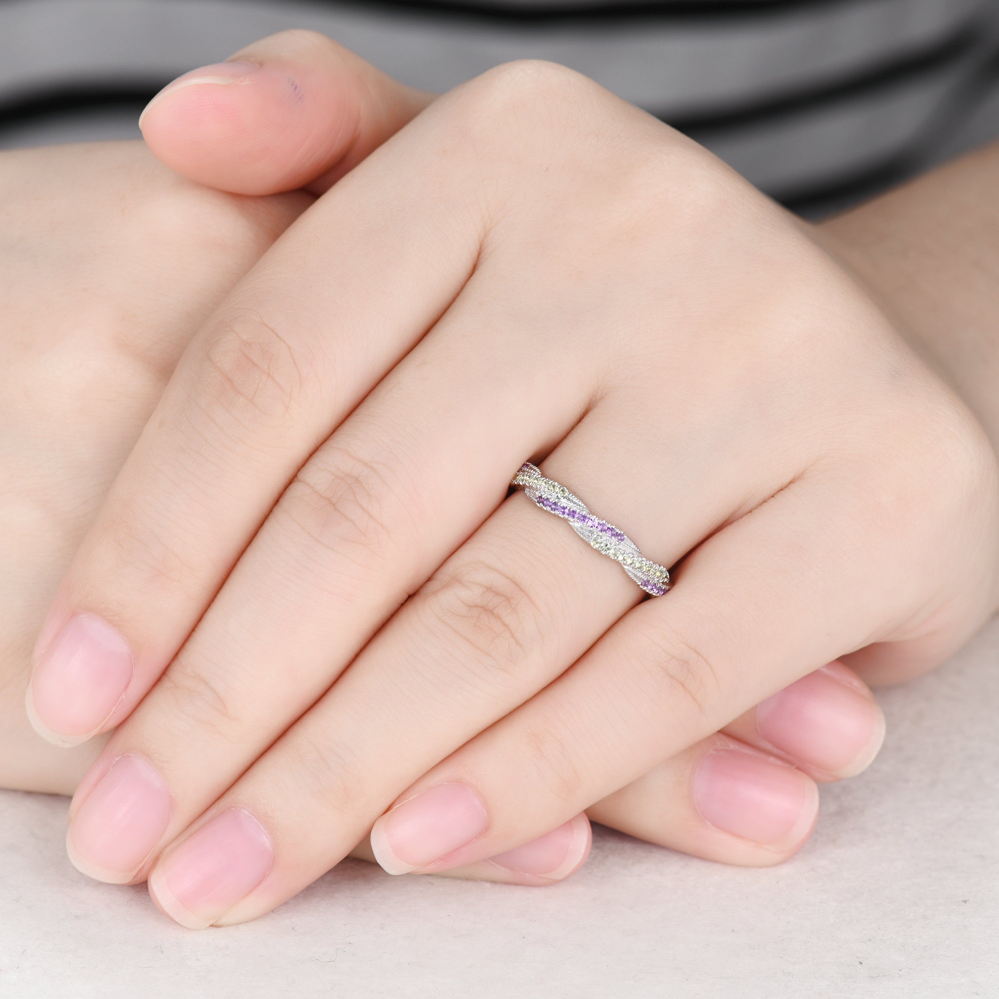 Natural Amethyst & Peridot Twisted Double Row Wedding Band - Crystal Full Eternity Ring for Women - Perfect for Engagement, Anniversary & Bridal Jewelry Gifts