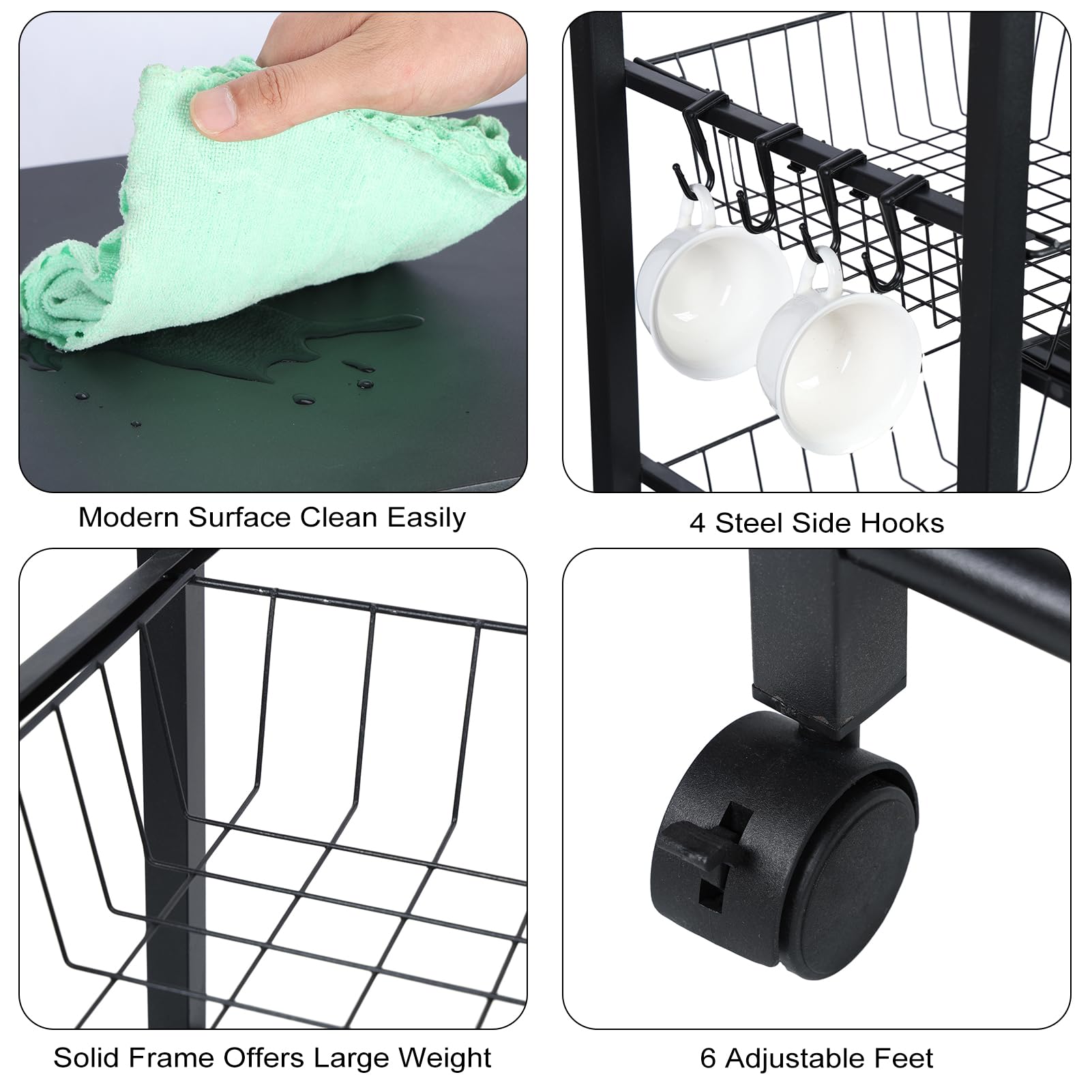 4-Tier Kitchen Bakers Rack with Wheels & S-Hooks - Rolling Coffee Bar Table, Microwave Stand with Wire Basket Storage - Ideal for Spices, Pots & Pans Organization - Perfect for Small Kitchens, Pantries & Coffee Stations (Black)