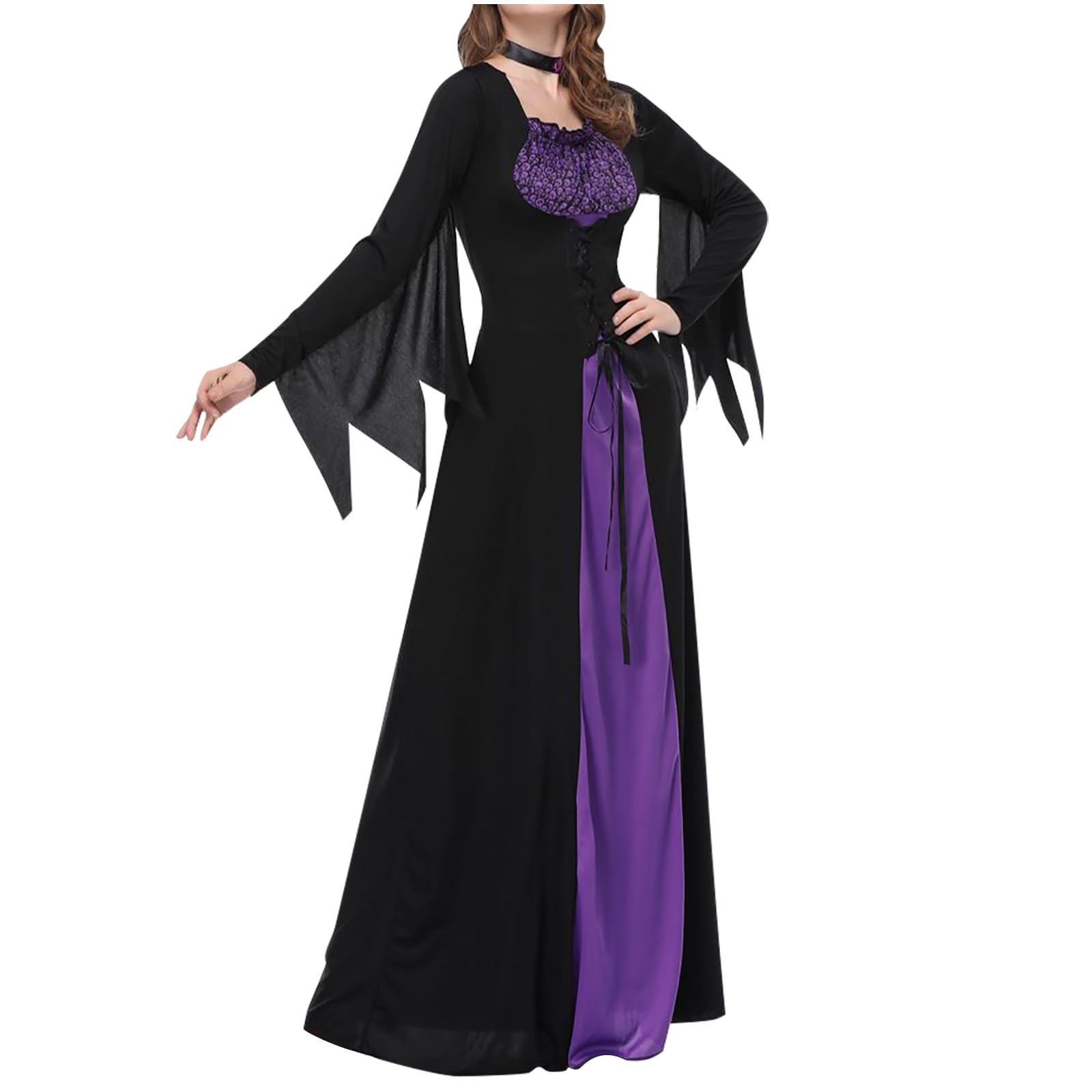 Gothic Witch Dress for Women - Medieval Renaissance Long Sleeve Maxi Dress with Lace Ruffle Trim | Halloween Costume, Cosplay, LARP & Gothic Fashion