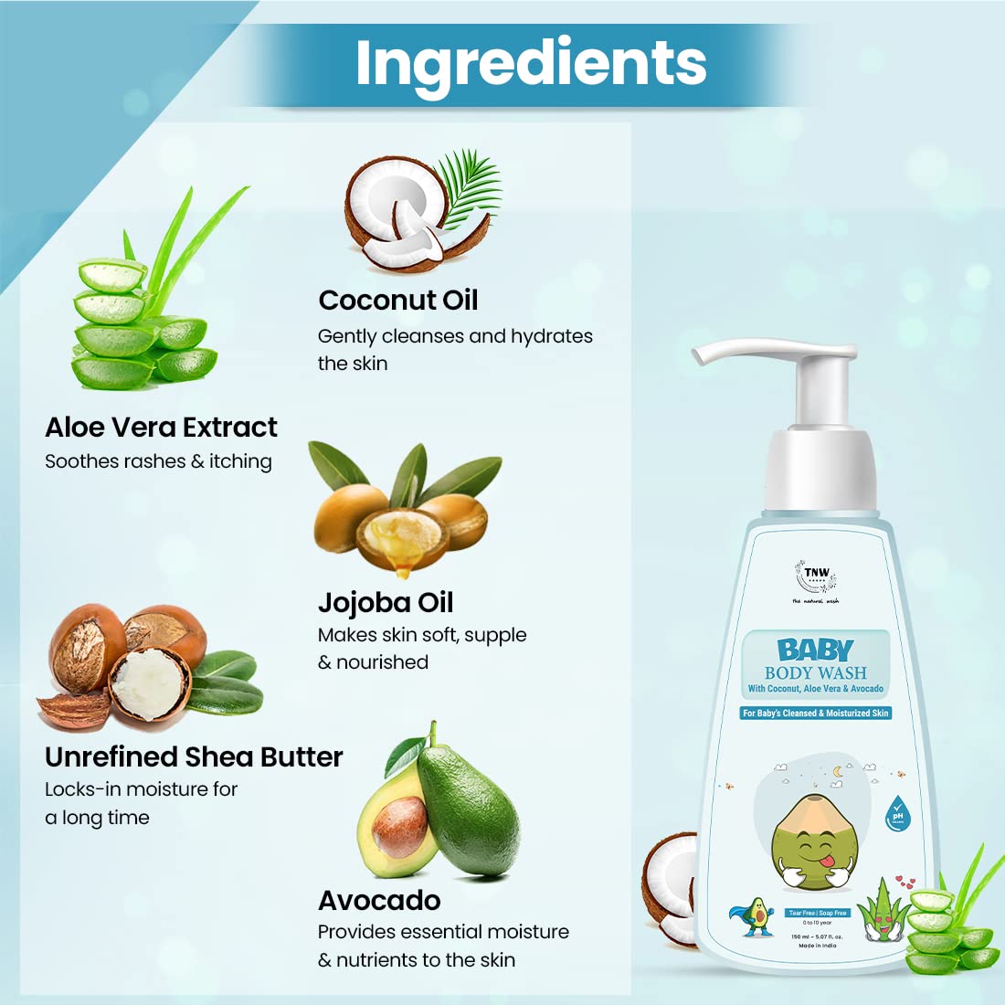 TNW The Natural Wash Baby Body Wash for Moisturized Skin - Gentle Coconut, Aloe Vera & Avocado Formula | Hypoallergenic & Tear-Free for Newborns to 10 Years | Perfect for Daily Bath Time & Sensitive Skin Care