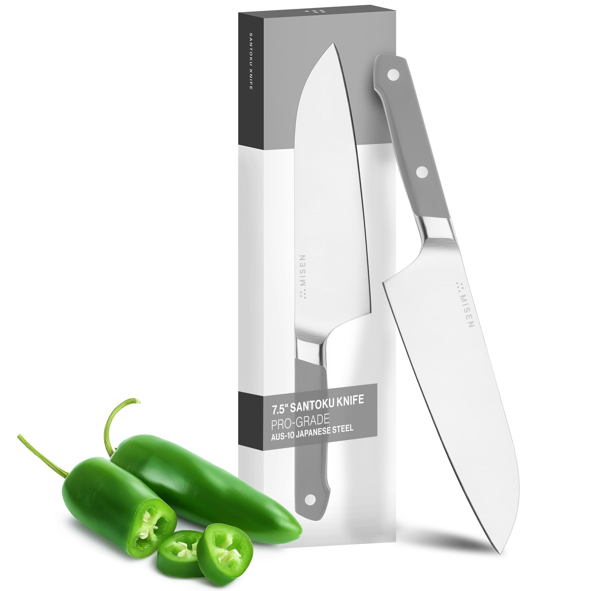 Misen Japanese Santoku Chef Knife 7.5 Inch - High Carbon Stainless Steel Kitchen Knife - Razor Sharp Japanese Style Blade for Cutting, Slicing, Chopping Vegetables, Meat & Fish - Perfect for Home Chefs & Professional Cooking - Gray