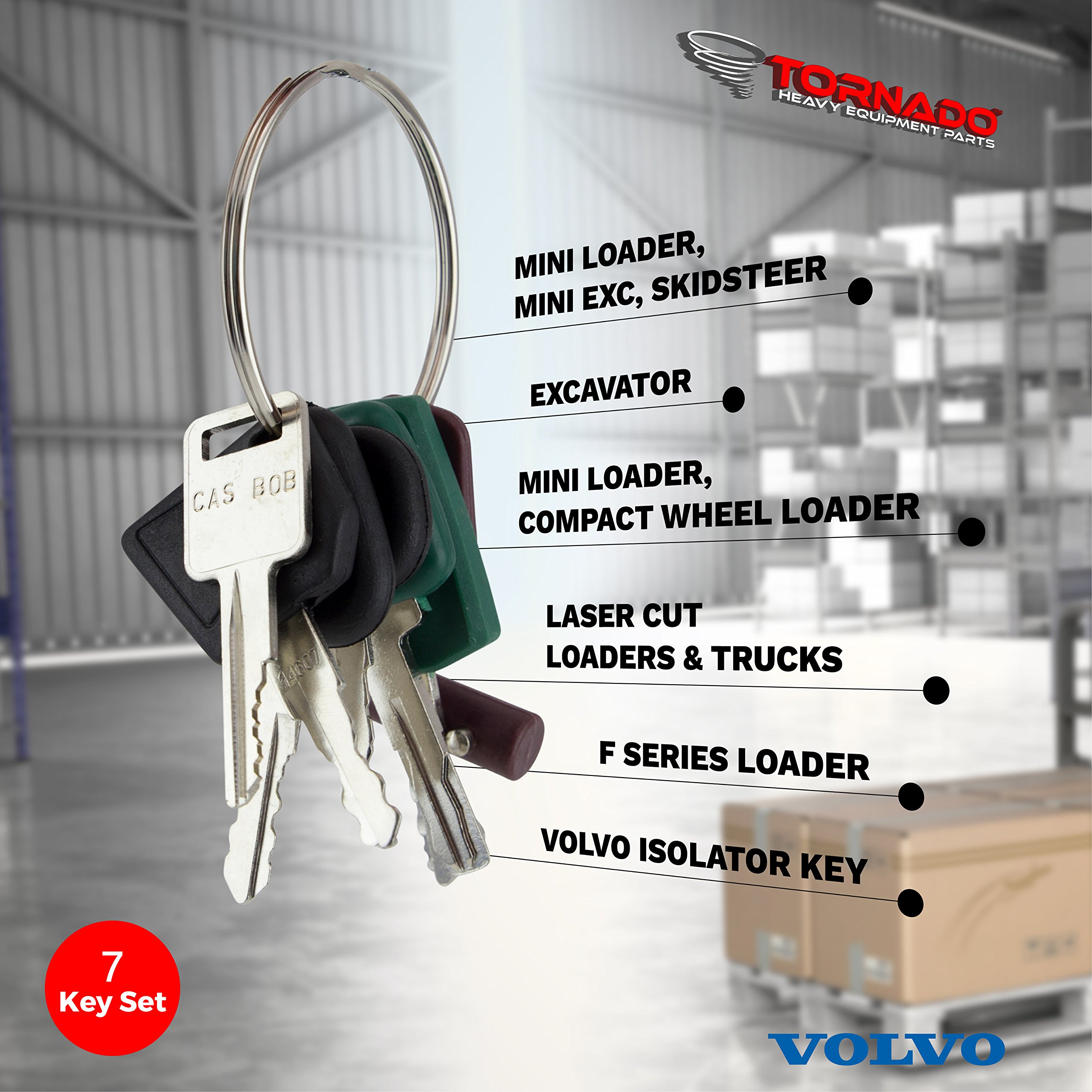 TORNADO HEAVY EQUIPMENT PARTS - Construction Machinery Key Set with Ignition Key Ring (7 Keys) - Compatible with Volvo & Other Heavy Equipment - Durable Keys for Men & Women - Perfect for Construction Sites, Farms & Industrial Work