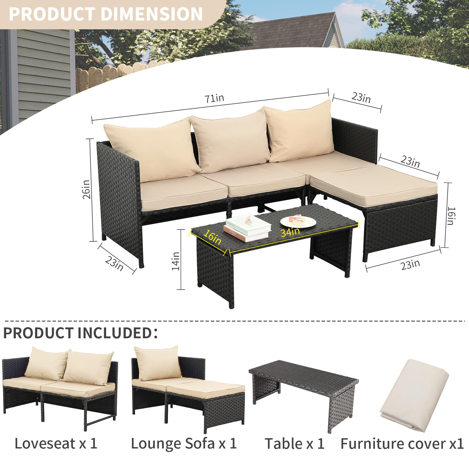 Valita 3-Piece Outdoor PE Rattan Furniture Set - Black Wicker Patio Conversation Sofa with Khaki Cushions | Weather-Resistant PE Rattan Loveseat & Sectional Couch for Garden, Poolside, and Backyard Relaxation