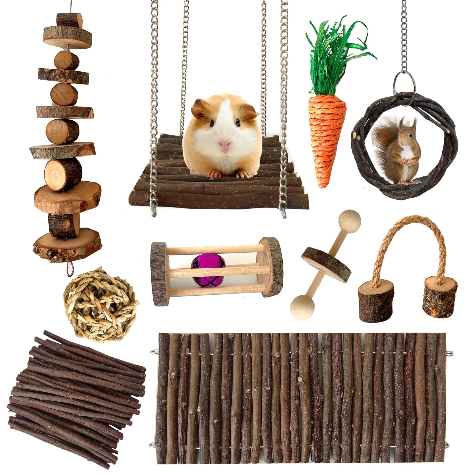 Natural Apple Wood Chew Toys for Chinchillas, Hamsters, Guinea Pigs & Rats - Small Animal Teeth Care Set with Ball, Ladder, Bridge, Swing & Roller | Cage Accessories for Playground & Exercise Fun