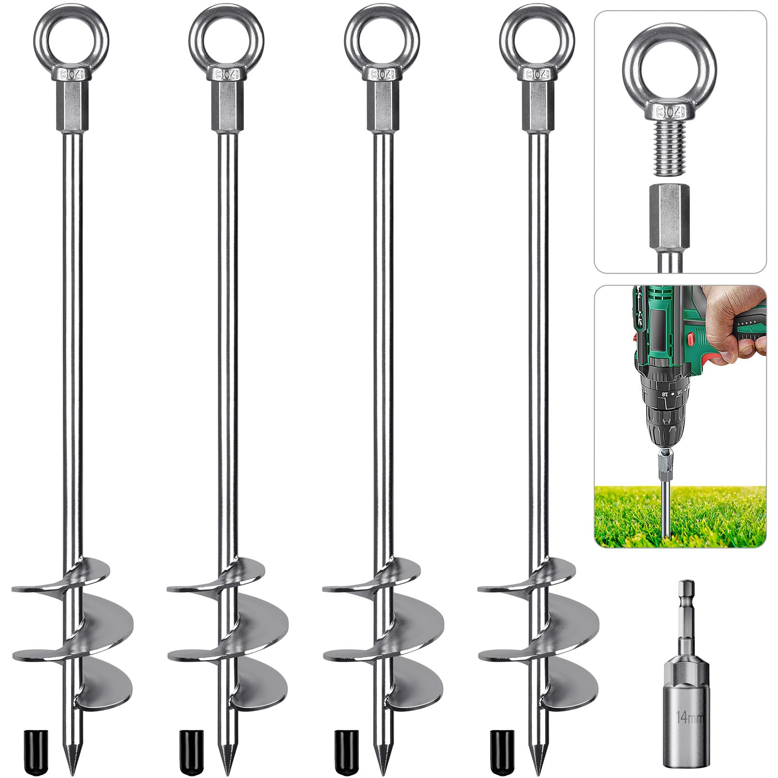 30'' Heavy Duty Fully Welded Screw-in Ground Anchors - 3'' Wider Spiral Earth Anchors (4 Pack) for Swing Sets, Trampolines, Mobile Homes & Sheds - Wind Resistant Outdoor Stabilization for Play Equipment & Structures