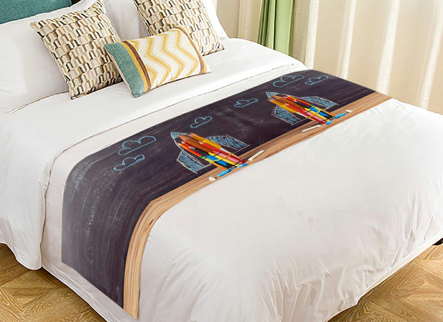 Pencil Rocket Bed Runner - 20x95 Inch School Themed Bed Scarf for Kids Room Decor