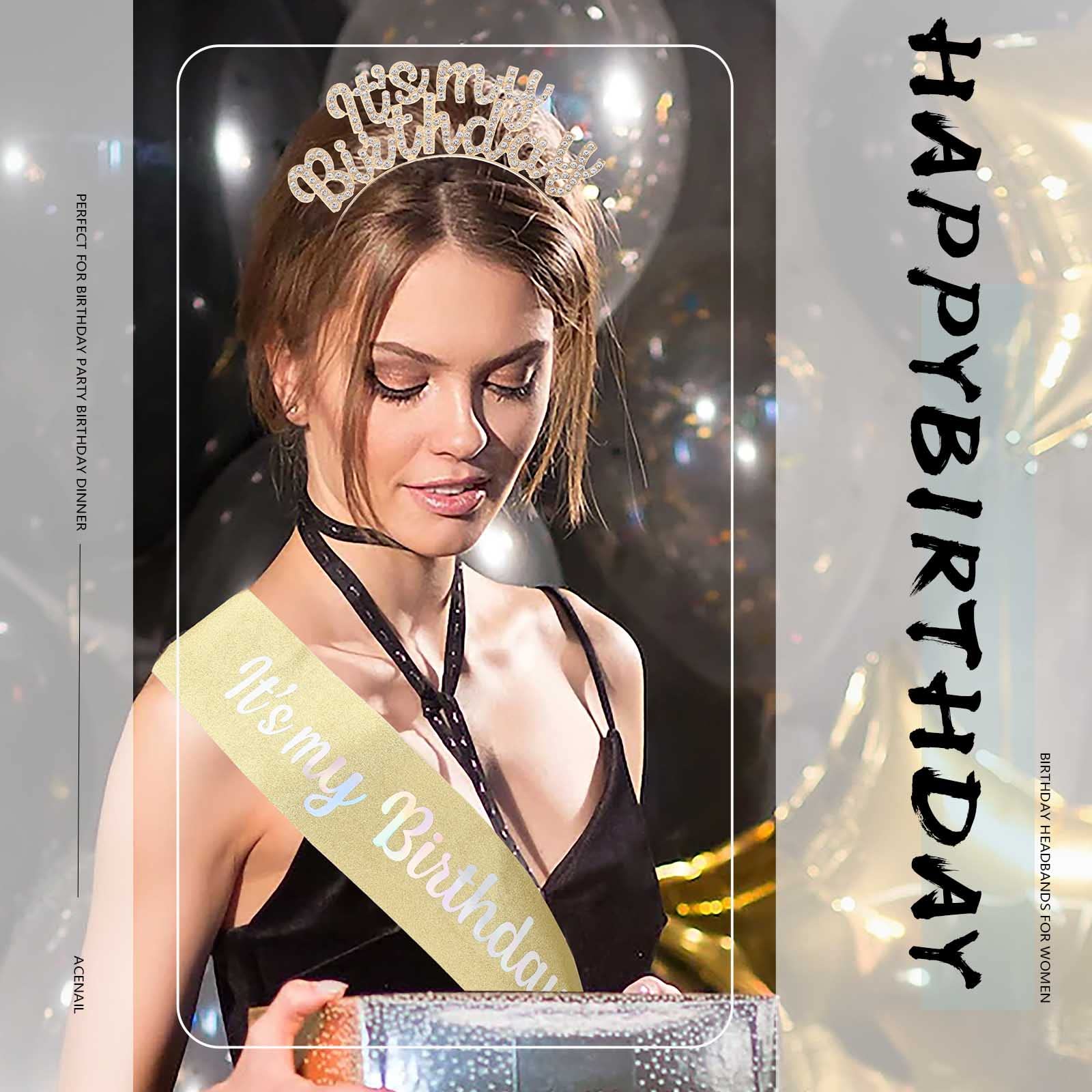 Acenail Women's Birthday Headband - Rhinestone 'It's My Birthday' Sash & Hairband for Birthday Parties, Decorations & Celebrations | Perfect for Women's Birthday Accessories & Photo Props (B-Gold)