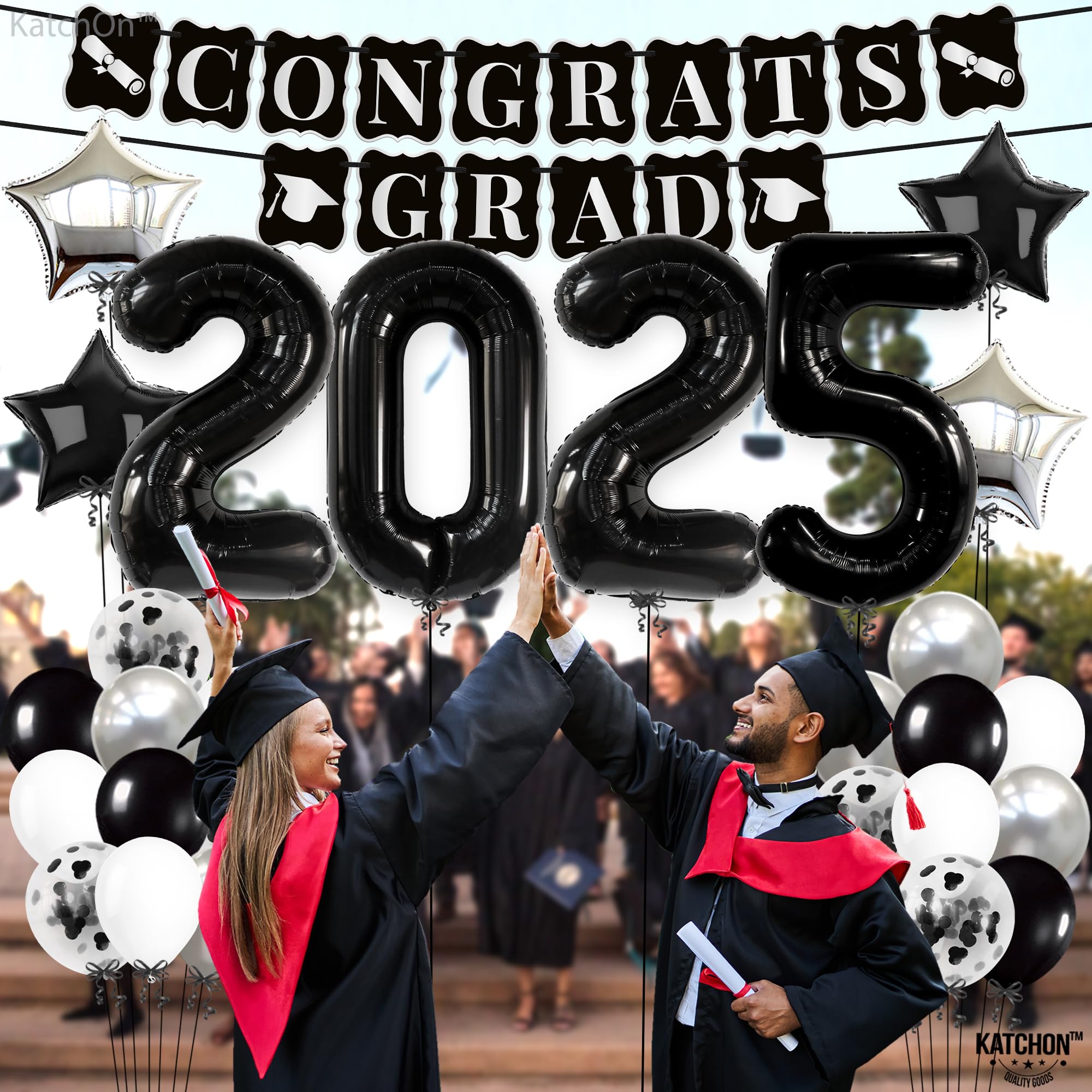 2025 Graduation Party Decorations Set - 43-Piece Black & Silver Balloons, Congrats Grad Banner | Elegant Black & White Graduation Theme | Perfect for High School & College Graduation Ceremonies, Parties & Photo Backdrops