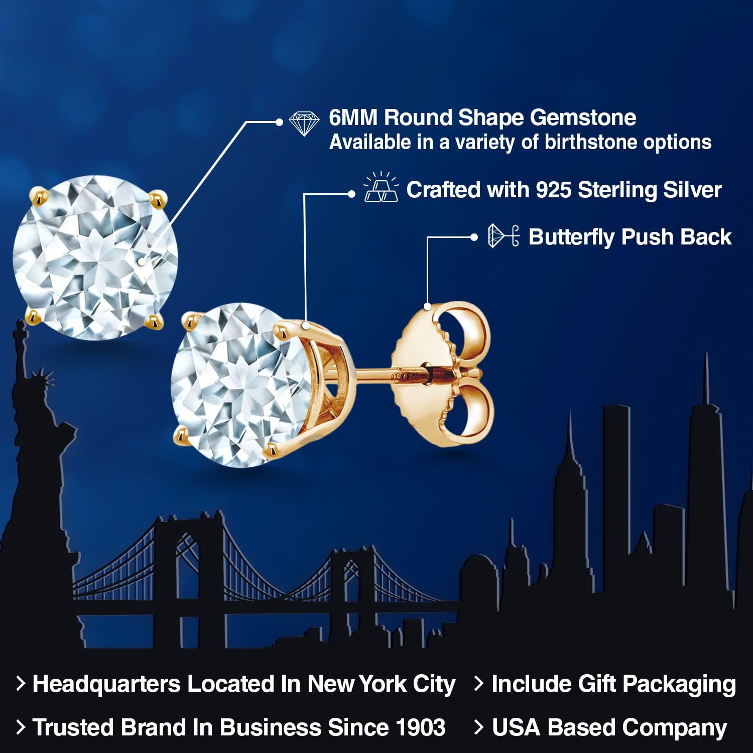 Gem Stone King 18K Yellow Gold Plated Sterling Silver 6MM Round Birthstone Stud Earrings for Women & Men | Perfect Gift for Anniversary, Birthday & Special Occasions