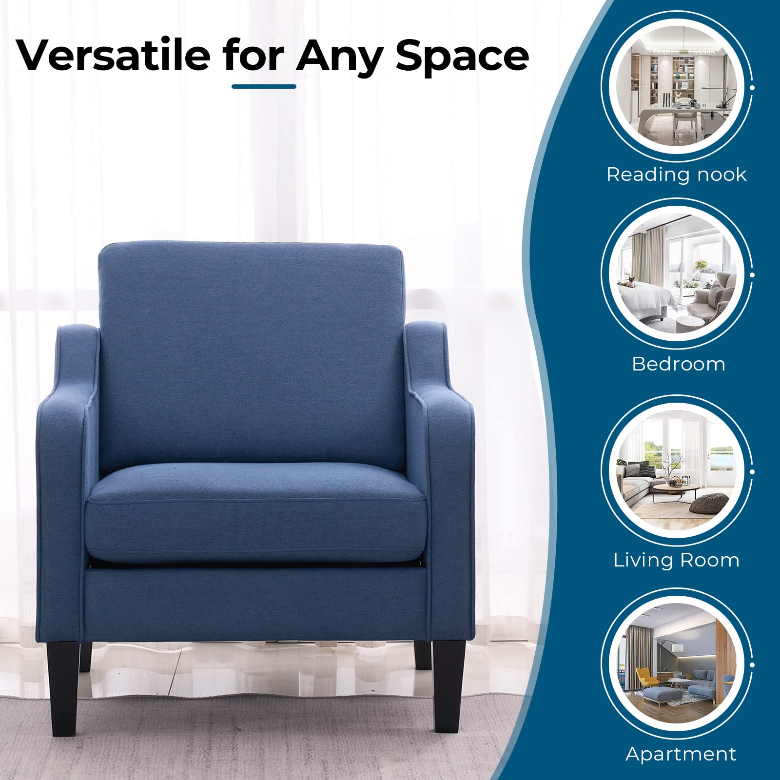 VINGLI Mid Century Modern Accent Chair - Navy Blue Upholstered Armchair for Living Room, Bedroom & Small Spaces - Comfy Reading Chair & Lounge Sofa Chair for Relaxing, Studying & Decorating