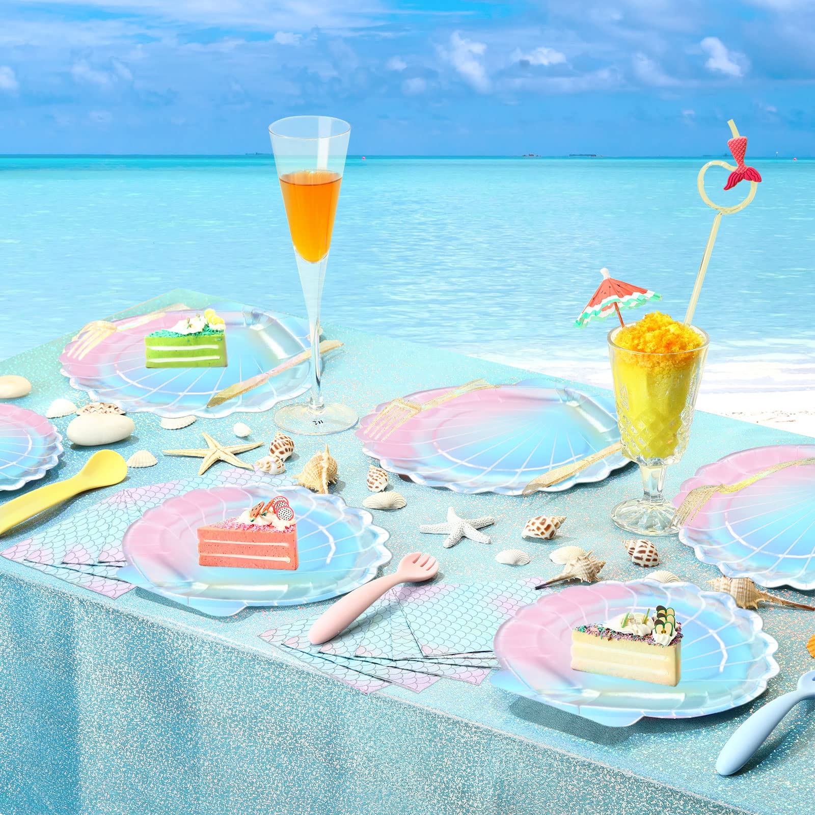 96 Pcs Iridescent Mermaid Party Supplies Set - 7 & 9 Inch Seashell Plates & Napkins for Mermaid Birthday Party, Ocean Themed Decorations (Elegant Style) | Perfect for Underwater Birthday Parties, Baby Showers & Beach Themed Events