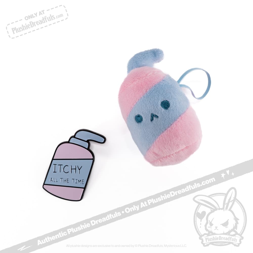 Plushie Dreadfuls Eczema Lotion Buddy Enamel Pin - Cute Collectible Badge for Mental Health Awareness & Self-Care Gifts