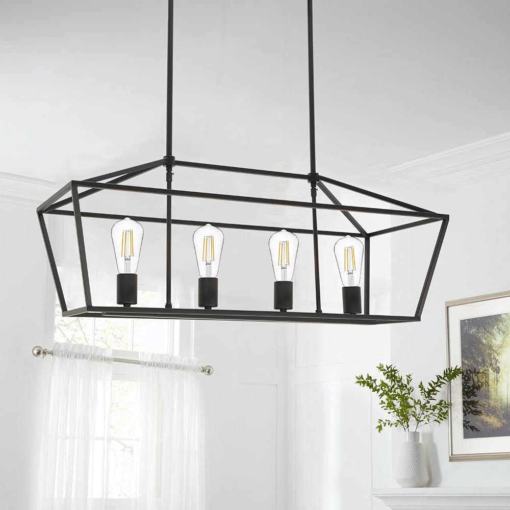 VINLUZ 4-Light Black Industrial Farmhouse Chandelier - Metal Linear Kitchen Island Pendant Light Fixture for Dining Room, Living Room, Stairway & Bar - Perfect for Modern Farmhouse, Loft & Industrial Style Decor