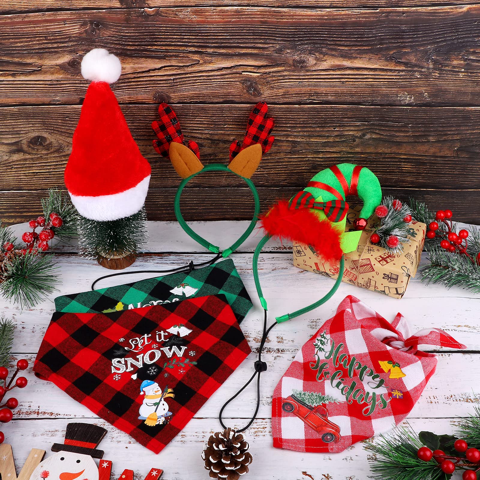 Christmas Pet Costume Set - Buffalo Plaid Scarf, Reindeer Antlers & Santa Hat for Dogs - Holiday Pet Decor & Photo Props