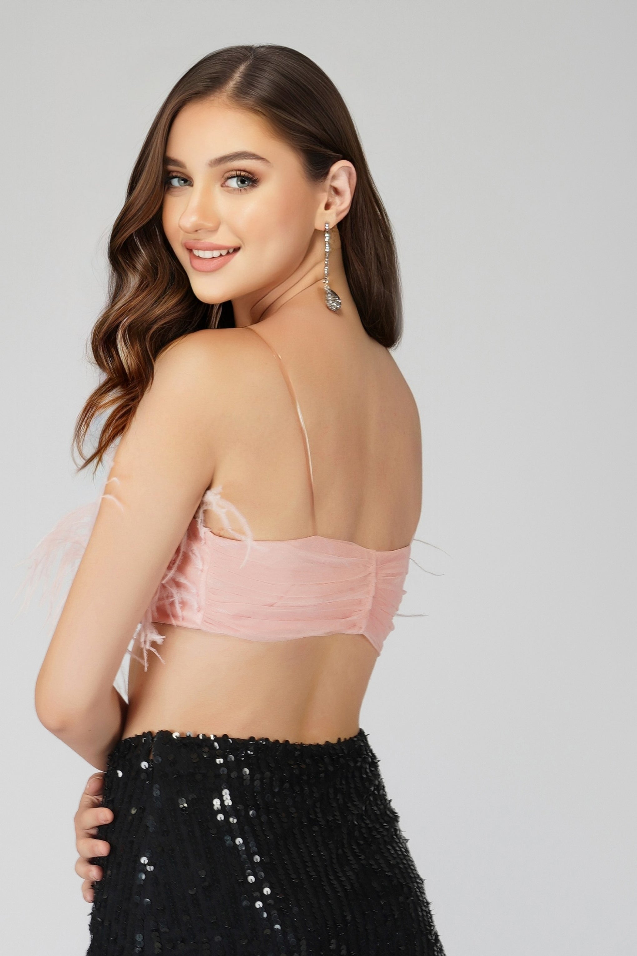 Xara Women's Pink Feather Trim Blouse - Elegant Party Top for Evening Events, Date Nights & Special Occasions