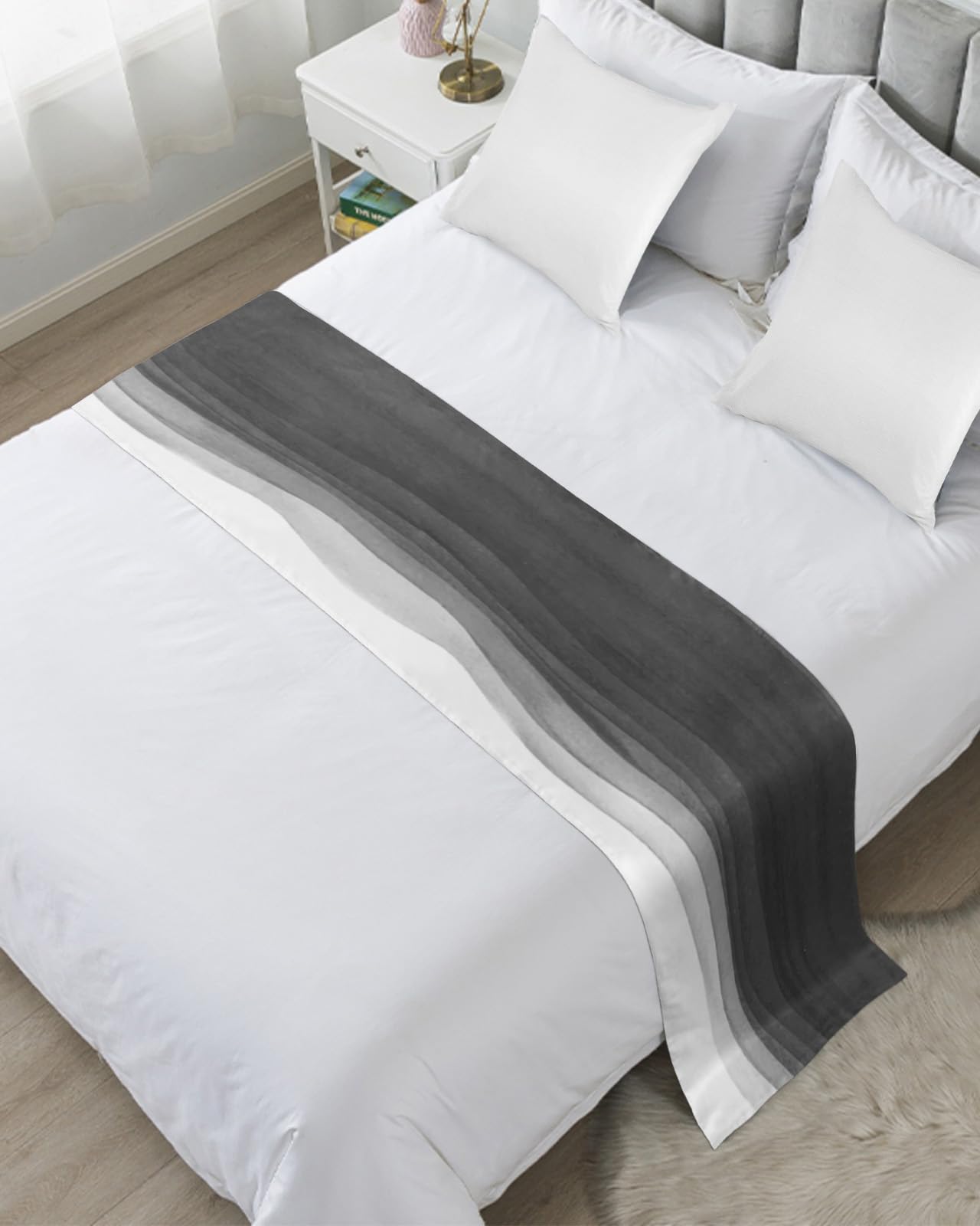 Chucoco Queen Size Bed Runner - Watercolor Black & White Gradient Abstract Wave Stripe Decorative Bed Scarf (94x20 Inches) | Luxury Hotel Style Bedding for Home, Bedroom & Guestroom Decor - Perfect for Modern, Geometric & Boho Chic Interior Design