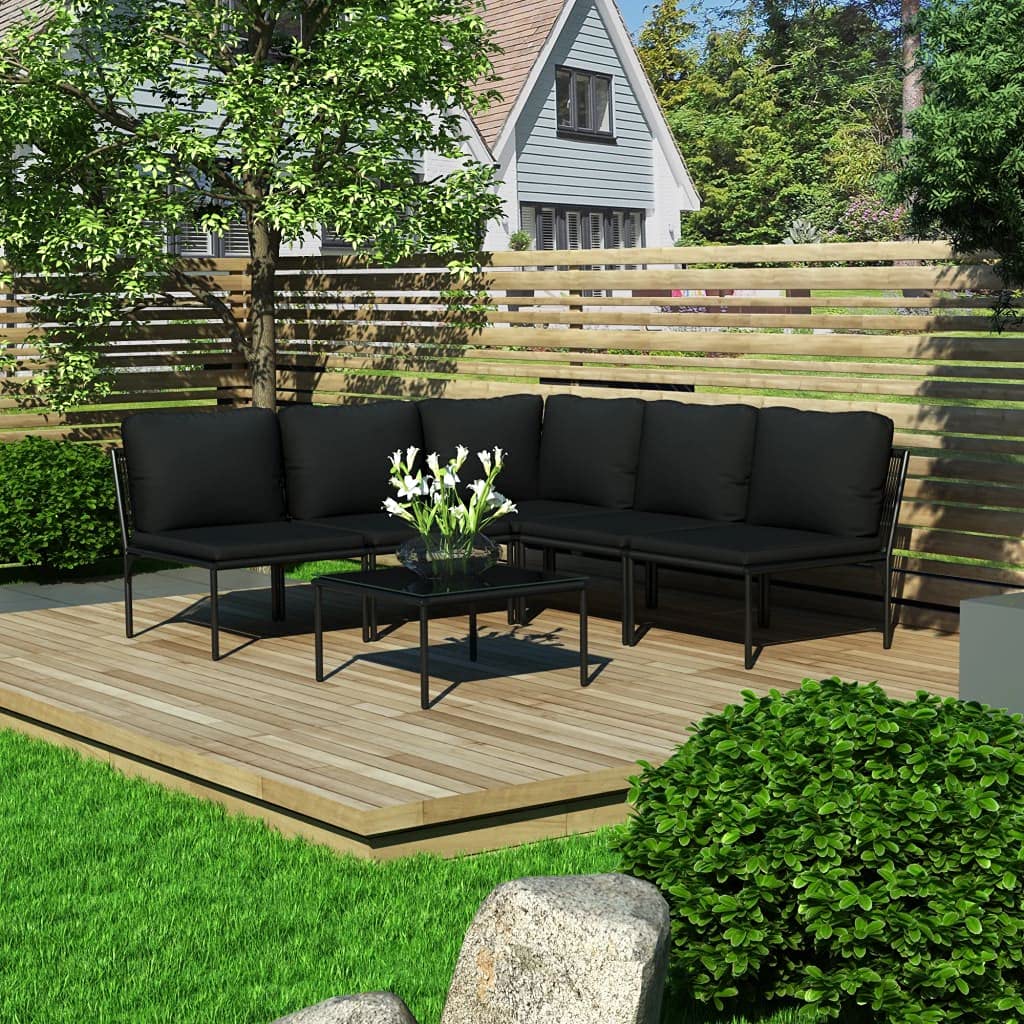 6-Piece Outdoor Patio Furniture Set - Faux Leather Sectional Sofa with Tempered Glass Coffee Table & PE Wicker Conversation Set with Cushions (Black) - Perfect for Backyard, Garden, Poolside or Deck Relaxation