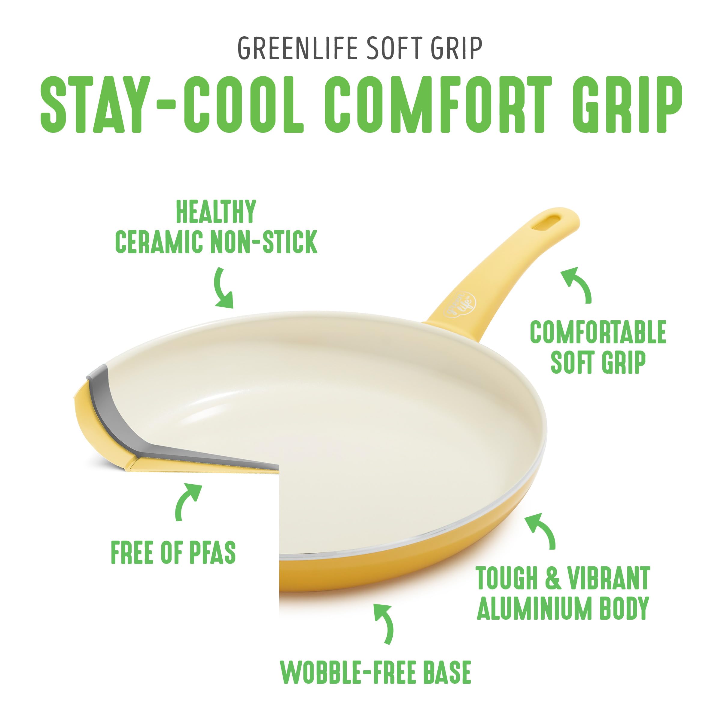 GreenLife Soft Grip 16-Piece Non-Toxic Cookware Set | PFAS-Free Ceramic Nonstick Pots & Pans | Frying Pan, Saucepan, Saute Pan with Glass Lids | Stay-Cool Handles, Wobble-Free Base | Dishwasher & Oven Safe | Perfect for Healthy Cooking & Family Meals | Vibrant Yellow
