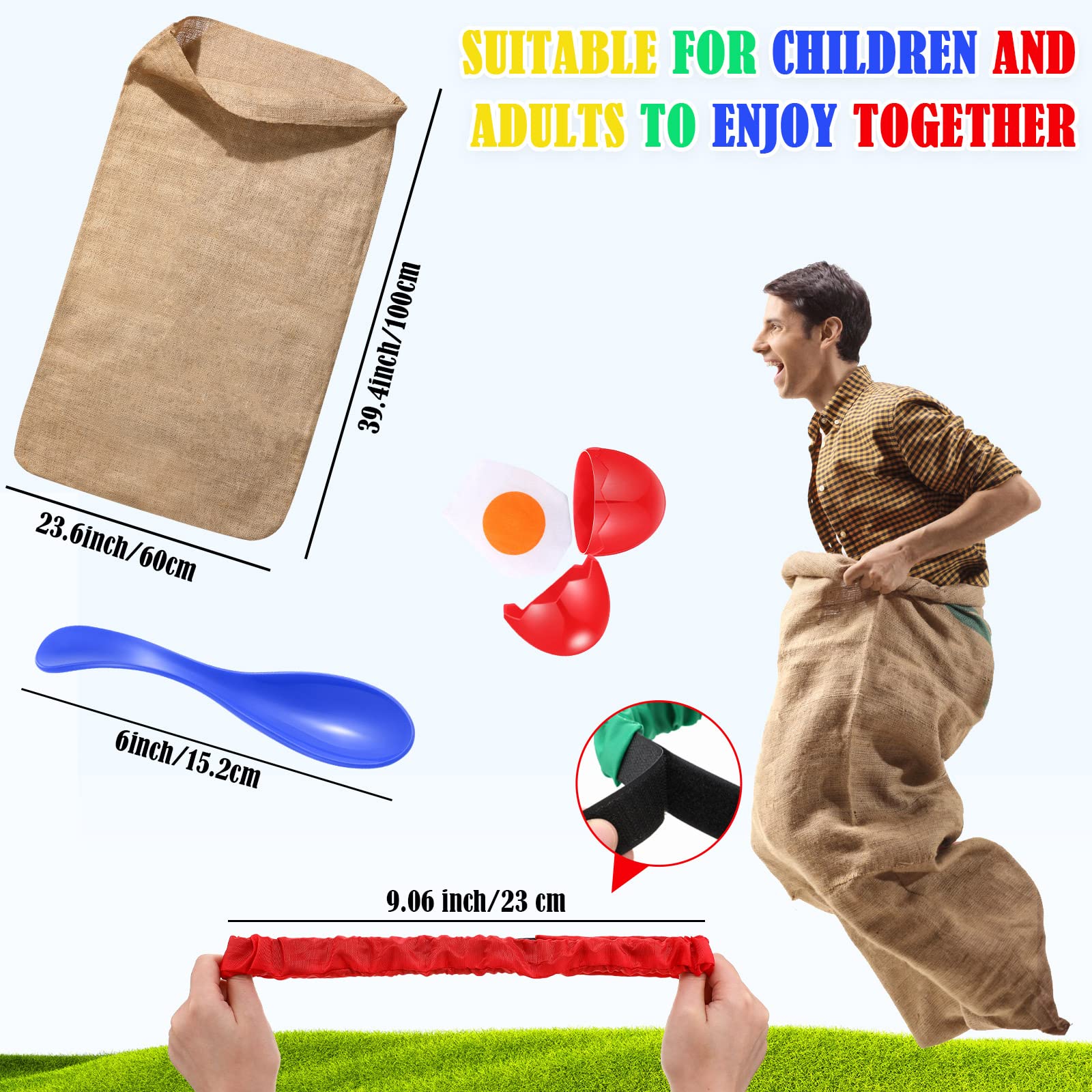 12-Pack Potato Sack Race Bags & Outdoor Lawn Games Set - Includes Egg Spoon Race & 3-Legged Relay Race Bands - Perfect for Carnival, Birthday Parties, Family Reunions & Backyard Fun (Great for Kids & Adults)