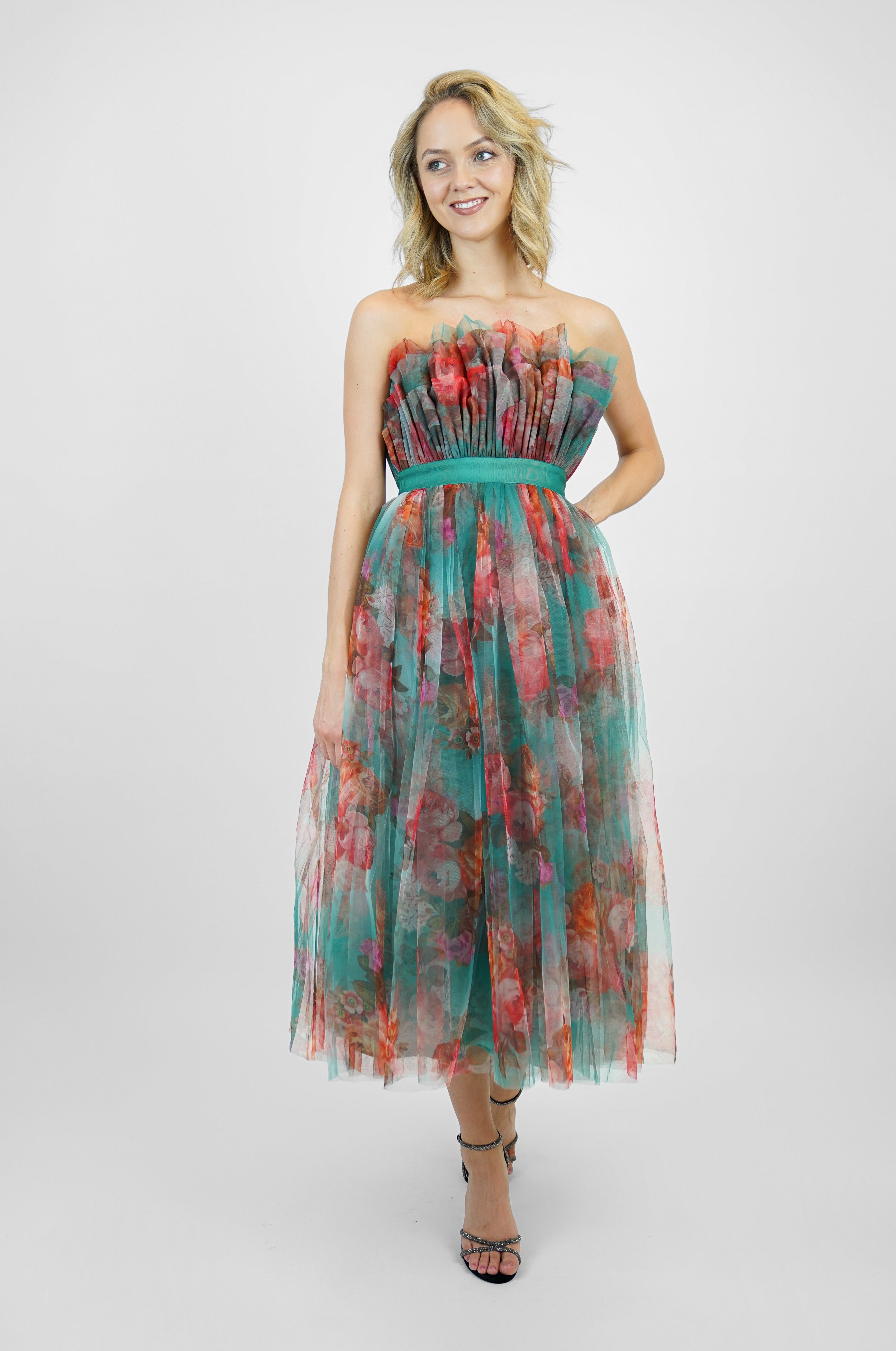 Verity Green Floral Print Tulle Midi Dress - Elegant Spring Wedding Guest Dress for Women