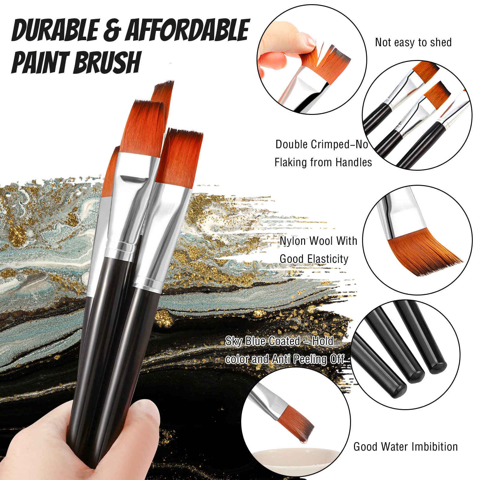 Zonon 20-Piece Flat Paint Brushes Set - Professional Acrylic, Watercolor & Oil Painting Brushes for Canvas, Face & Detail Artwork (1 Inch, Black) - Perfect for Artists, Hobbyists & DIY Craft Projects