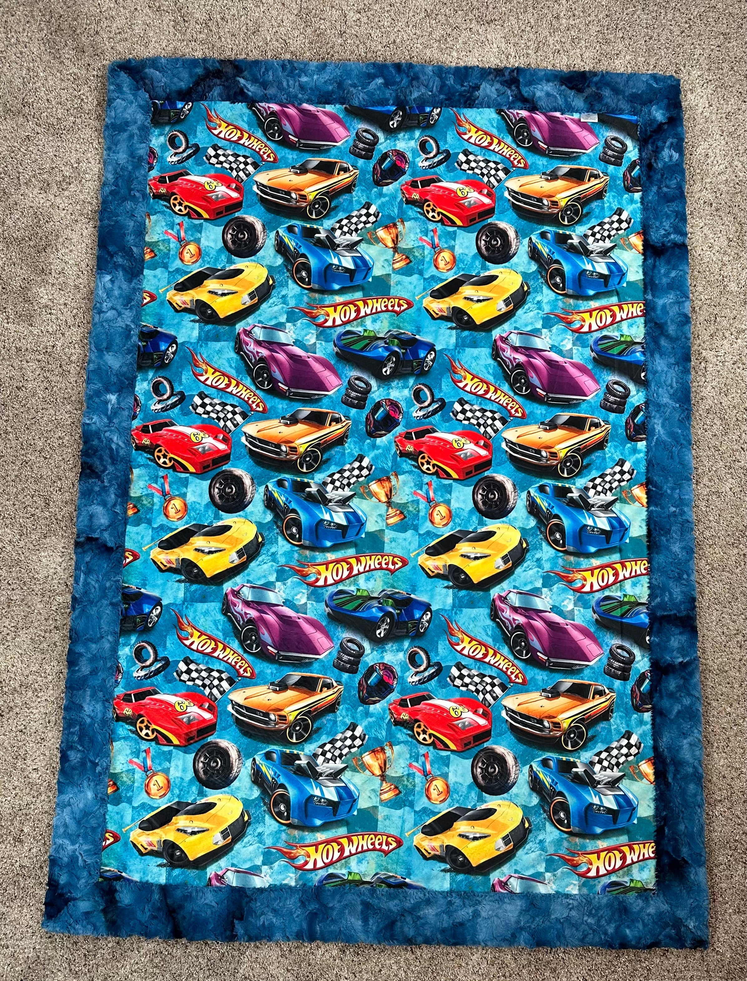 Blue Luxe Minky Blanket 42x60 with Pillowcase for Kids - Soft Racing Car Themed Blanket for Boys & Girls - Perfect for Bedtime, Nursery, and Gift Giving