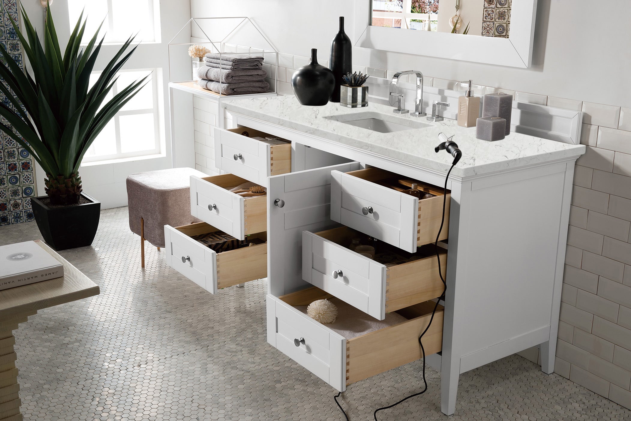 Palisades 60 Inch Single Bathroom Vanity Set with Eternal Jasmine Pearl Quartz Top - Bright White Finish for Modern Bathroom Decor | Perfect for Master Bath, Guest Bath & Powder Room Renovations