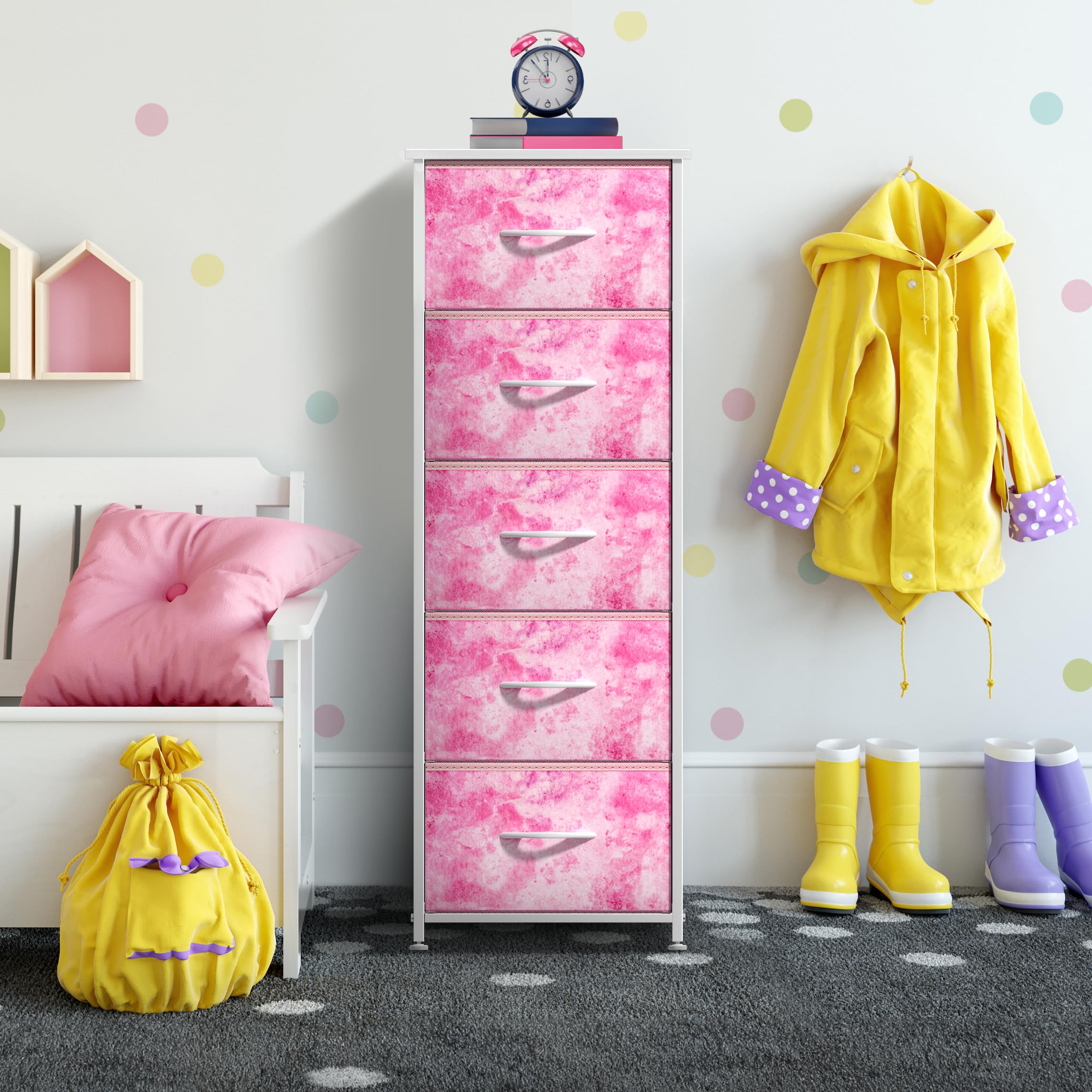 Sorbus 5-Drawer Fabric Dresser for Kids - Tall Storage Tower with Steel Frame & Wood Handles, Tie-Dye Pink - Perfect for Bedroom, Closet, Playroom & Nursery Organization