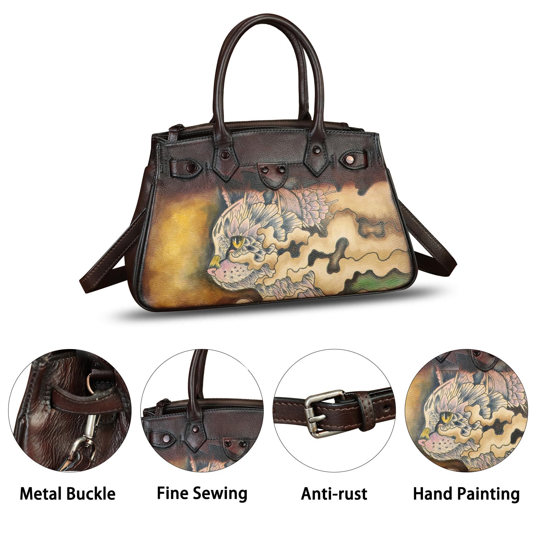 Handmade Genuine Leather Satchel for Women - Hand Painted Top Handle Crossbody Purse & Work Tote Bag - Perfect for Office, Travel & Everyday Use