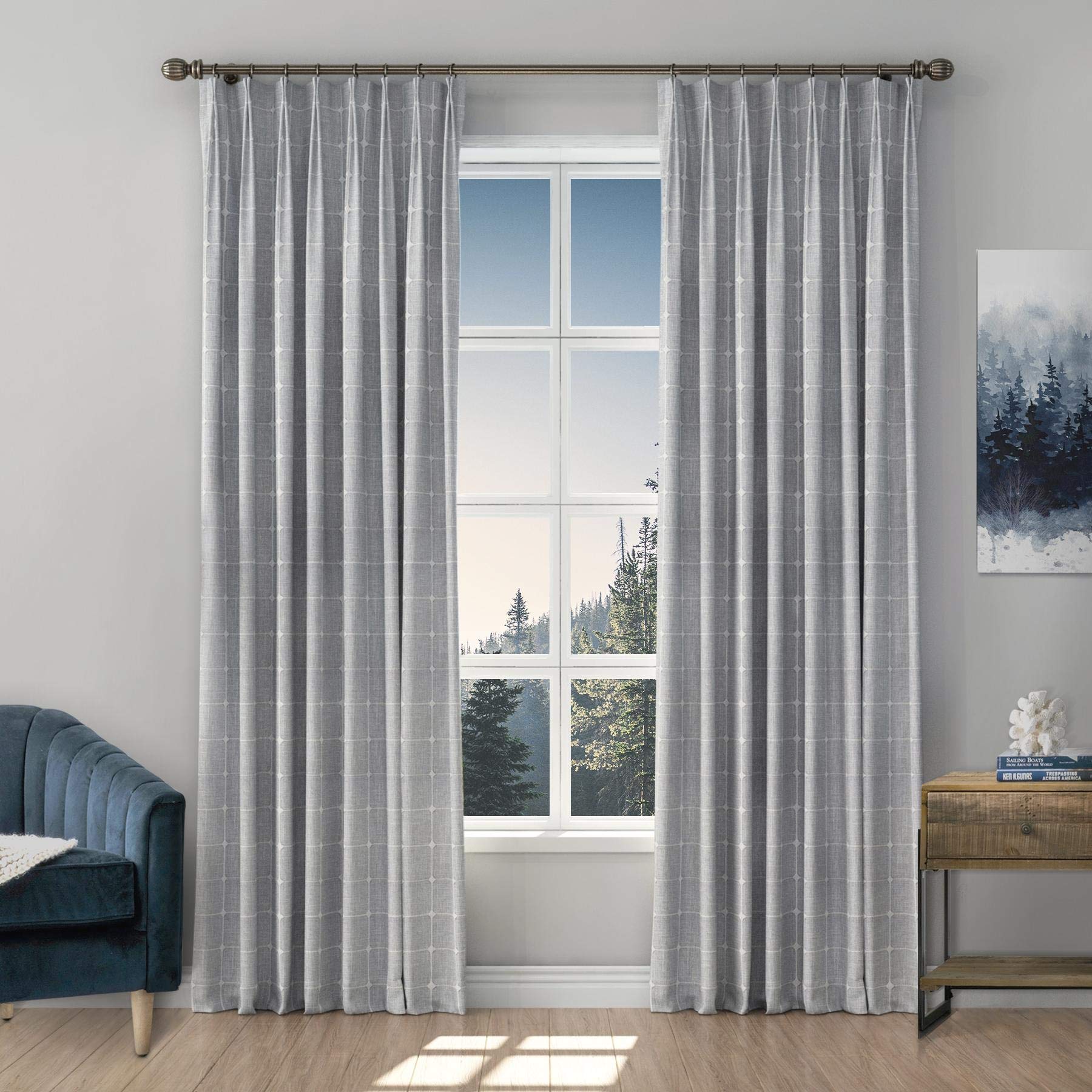 Macochico Light Grey Jacquard Pinch Pleat Linen Curtain Panel - Embroidered Room Darkening Drapes for Bedroom (72x96 Inches, 1 Panel) | Elegant Window Treatment with Lattice Design for Home & Office Decor