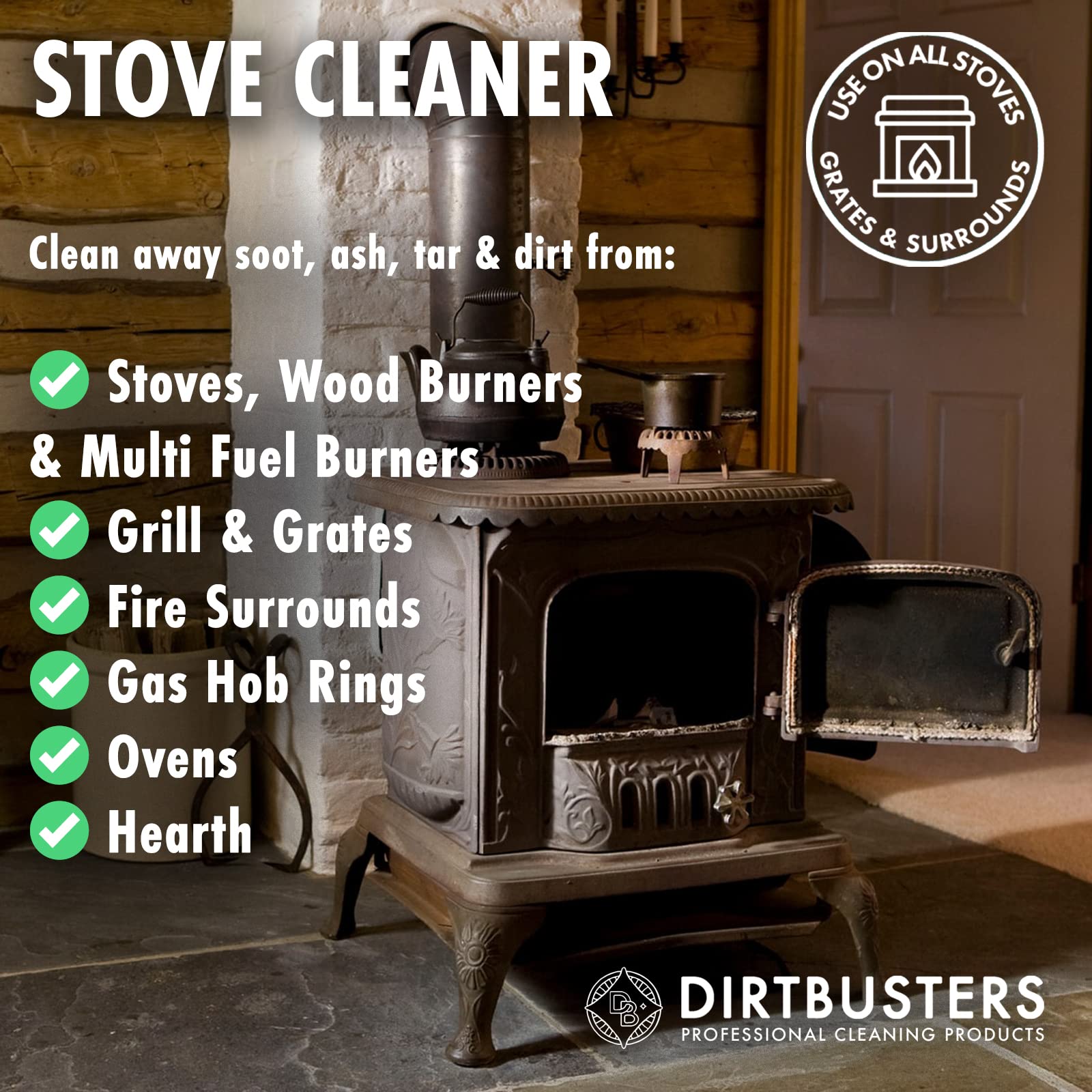 Dirtbusters Stove Polish & Cleaner for Wood & Log Burners, Fireplace Grates - Restores Black Finish (250ml & 750ml) | Ideal for Cast Iron Stoves, Fireplace Maintenance & Wood Burning Stove Cleaning