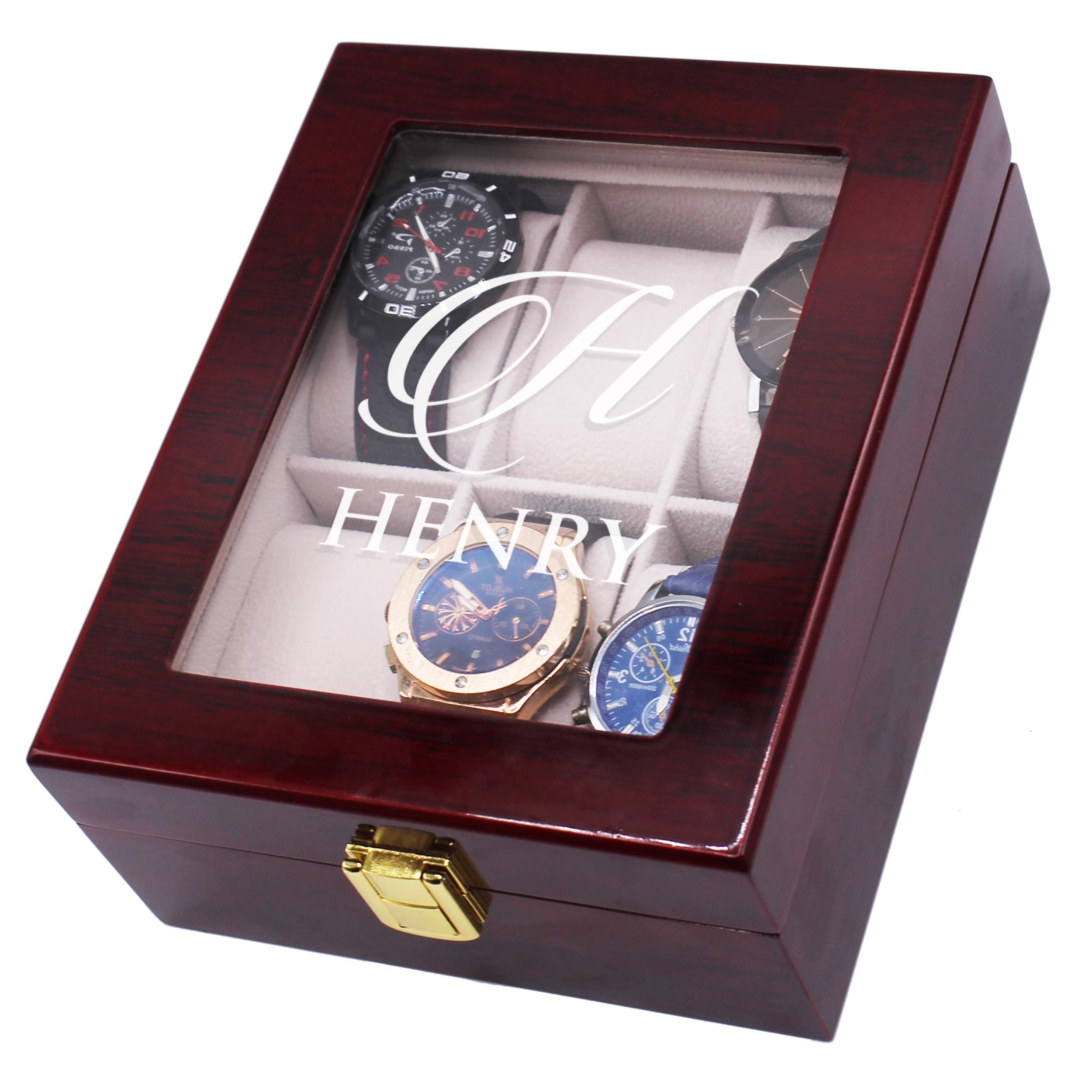Personalized 6 Slot Wooden Watch Box with Glass Top - Custom Engraved Watch Display Case for Men & Women (Rosewood) | Luxury Watch Storage Organizer for Dresser, Travel & Gift Giving