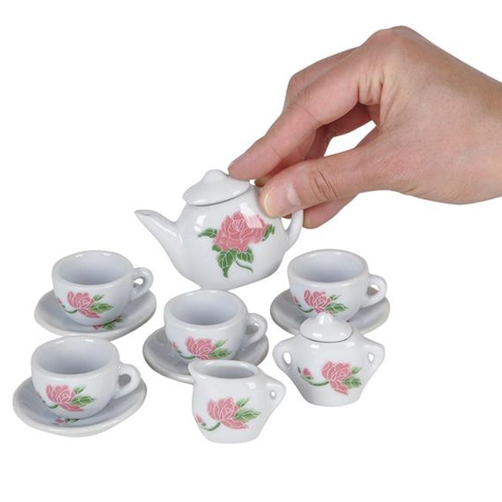 ArtCreativity 13-Piece Rose Flower Ceramic Doll Tea Set with Cups & Plates - Pretend Play Tea Party Kit for Girls Age 8+ - Perfect for Birthday Gifts, Role Play, and Imaginative Playtime