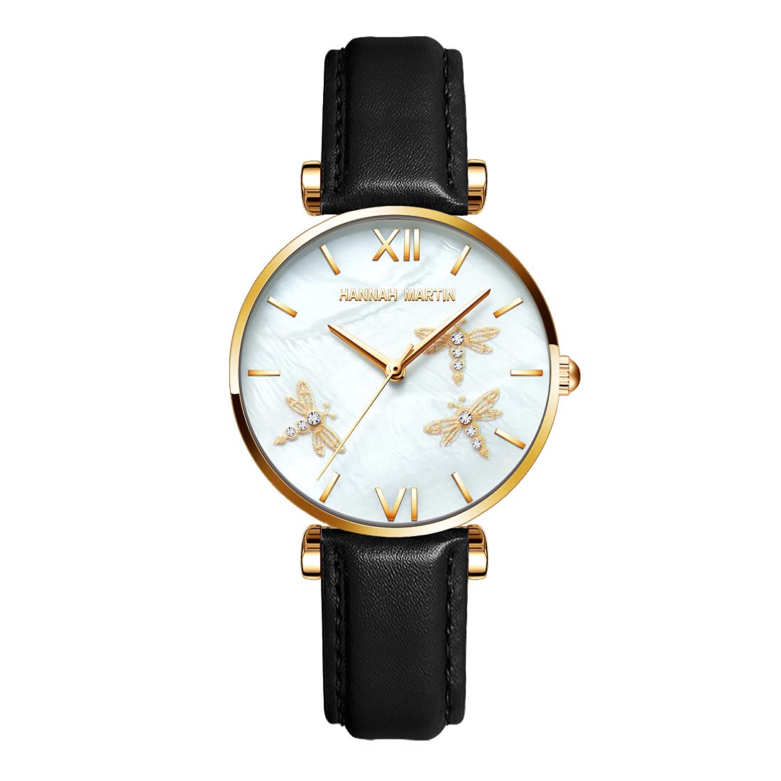 Dragonfly Women's Watches with Crystal Diamond Dial & Pearl Texture - Large Watch Face, Vacuum Plated Stainless Steel/Genuine Leather Band, Japanese Quartz Movement, Waterproof - Perfect Rose Gift Box for Women, Ladies & Girls | Ideal for Daily Wear, Office, Parties & Special Occasions