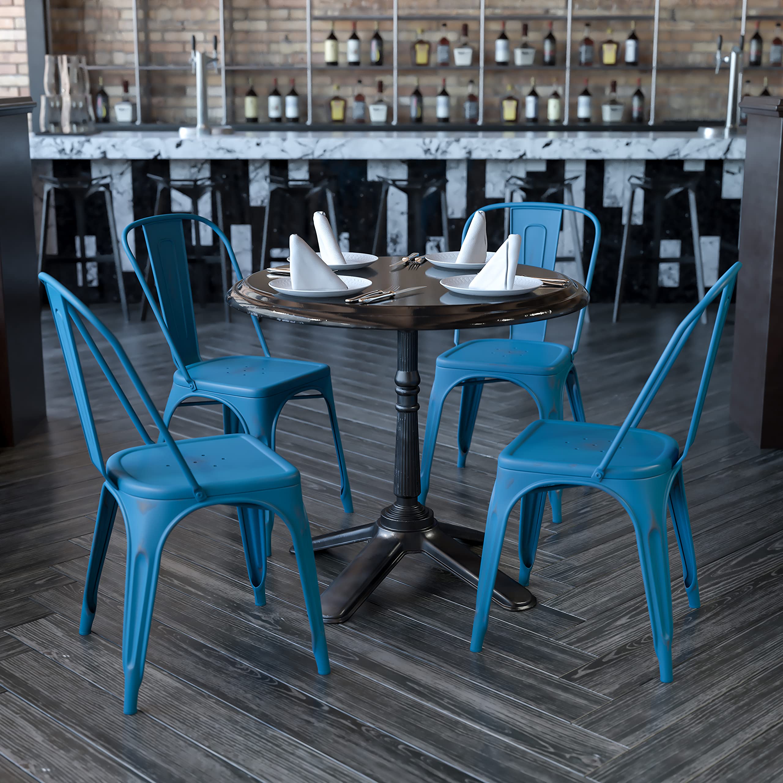 4 Pack Distressed Vintage Blue Metal Stackable Chairs for Indoor & Outdoor Use - Rustic Kitchen Dining Furniture for Patio, Garden, and Restaurant Seating