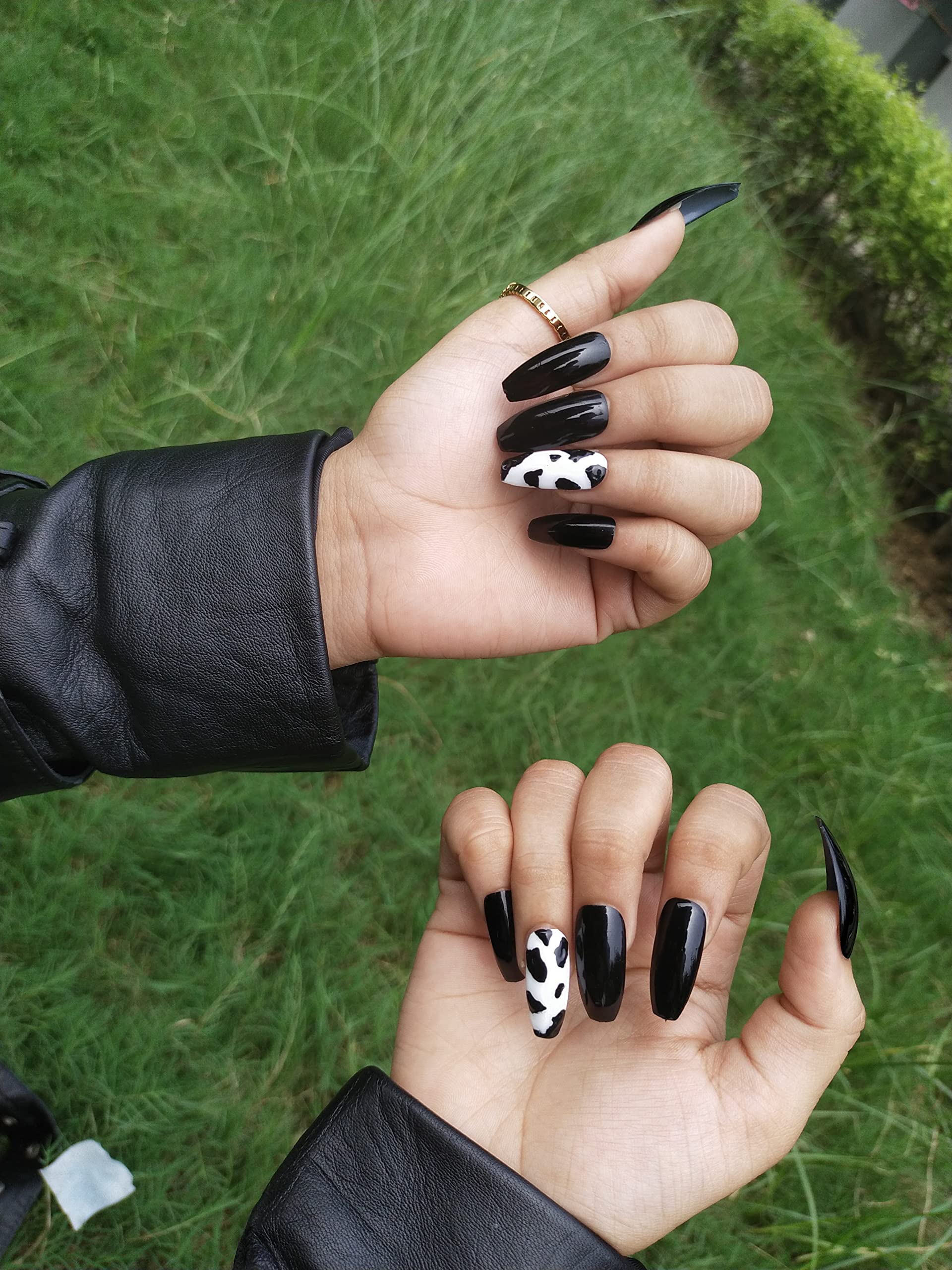 Reusable Handmade Artificial Nails - 10 Piece Black Cow Print Fake Nails Set (Small Size) | Perfect for Parties, Halloween, Cosplay & Everyday Fashion