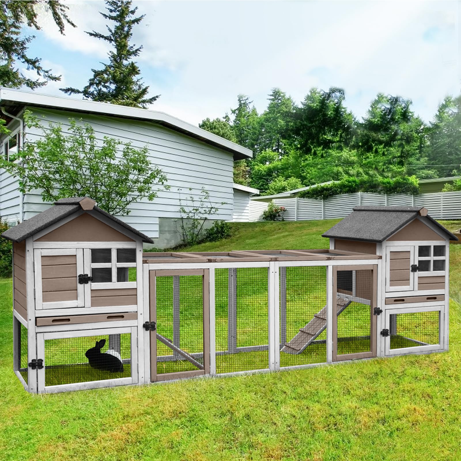 Expandable Wooden Rabbit Hutch Bunny Cage with Plastic Tray - Indoor/Outdoor Use for Small Pets (103.2