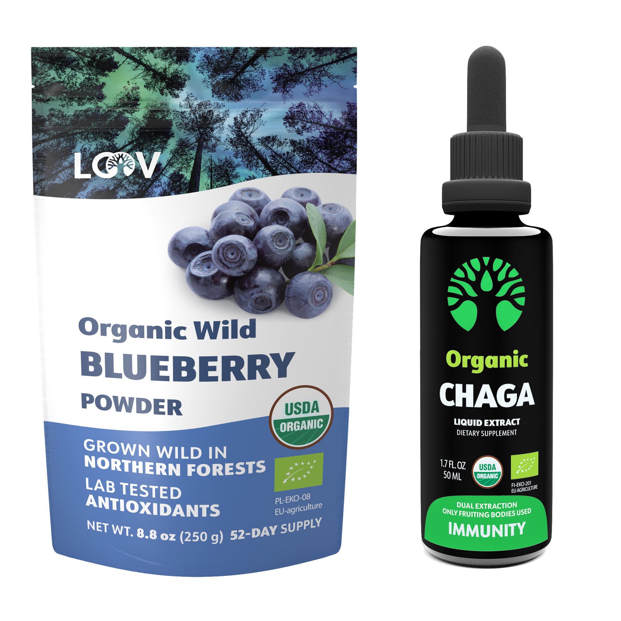 Organic Wild Blueberry Powder & Chaga Mushroom Extract Tincture Bundle - 2 Premium Superfood Supplements for Immune Support & Antioxidant Boost - Perfect for Smoothies, Teas & Wellness Routines