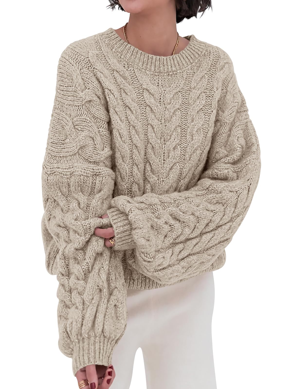 PRETTYGARDEN Women's Chunky Cable Knit Oversized Sweater - Long Sleeve Crewneck Pullover for Spring 2025 | Cozy Loose Fit Casual Outfits for Work, Dates & Weekend Wear
