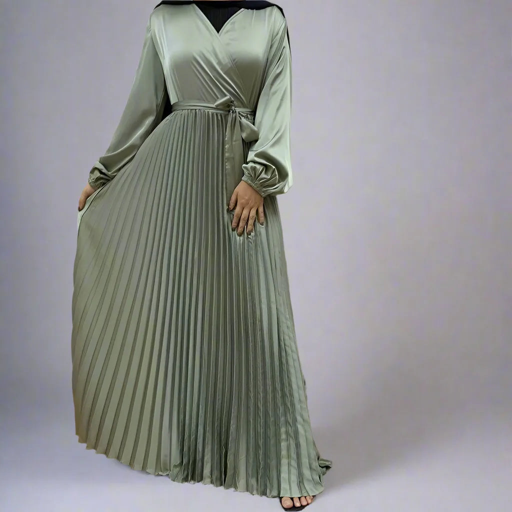 Elegant Muslim Pleated Satin Abaya Dress for Women - Modest Islamic Prayer Dress for Mosque & Special Occasions