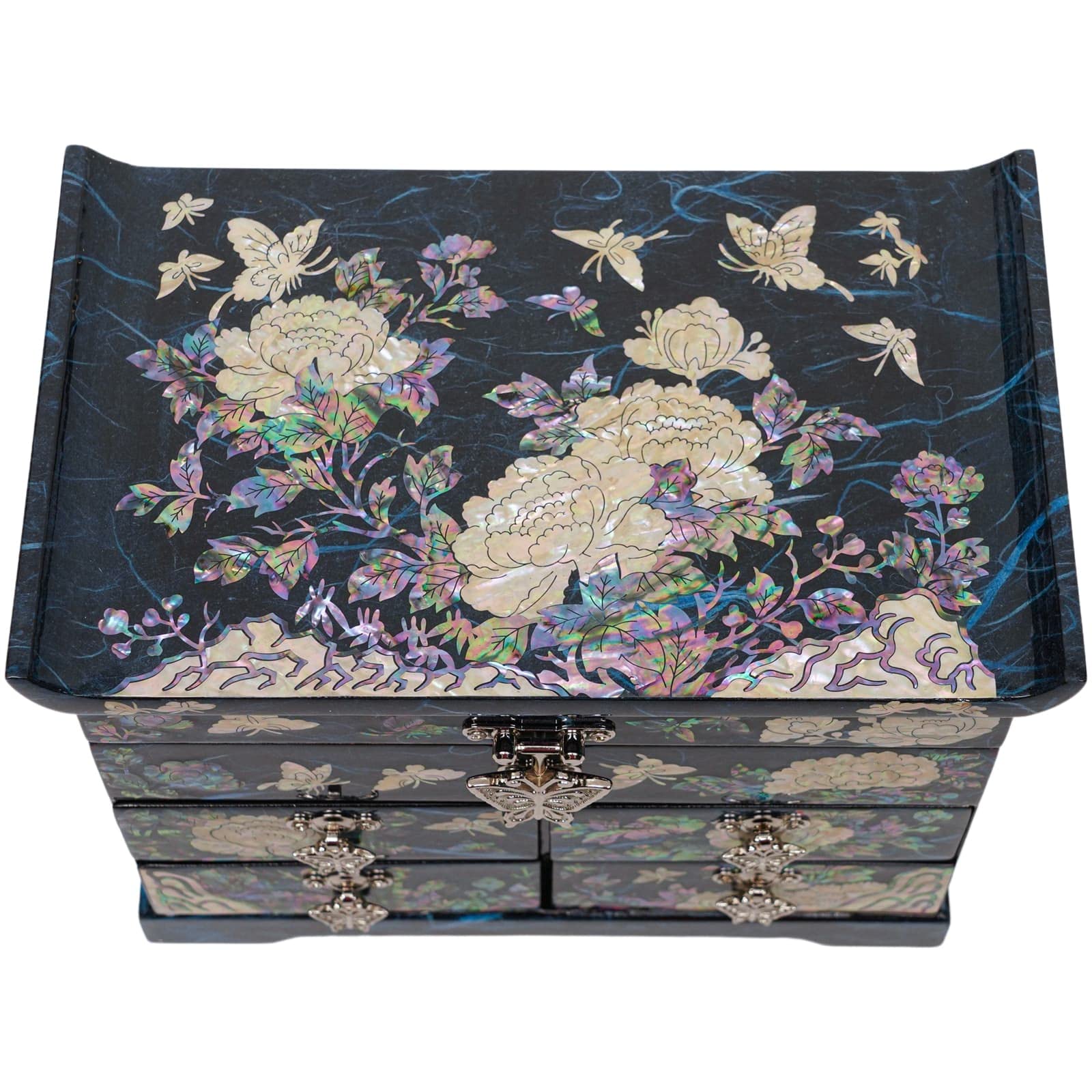 February Mountain Mother of Pearl Wooden Jewelry Organizer Box - Elegant Jewelry Storage for Women with Spacious Drawers, Perfect for Rings, Bracelets, Watches & Necklaces | Great for Bedroom Vanity, Dresser Top or Travel Jewelry Case (Peony Blue)