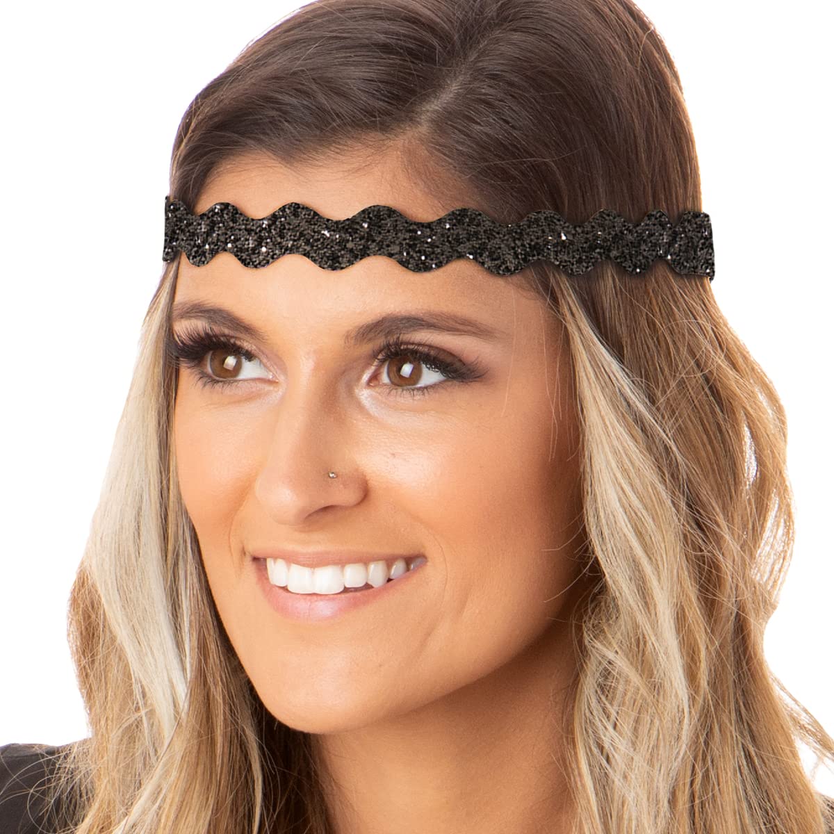 Adjustable Non-Slip Glitter Hair Headbands for Women & Girls - 2 Pack Fashion Bling Headbands (Wave Silver & Black) | Perfect for School, Sports, Work & Everyday Styling
