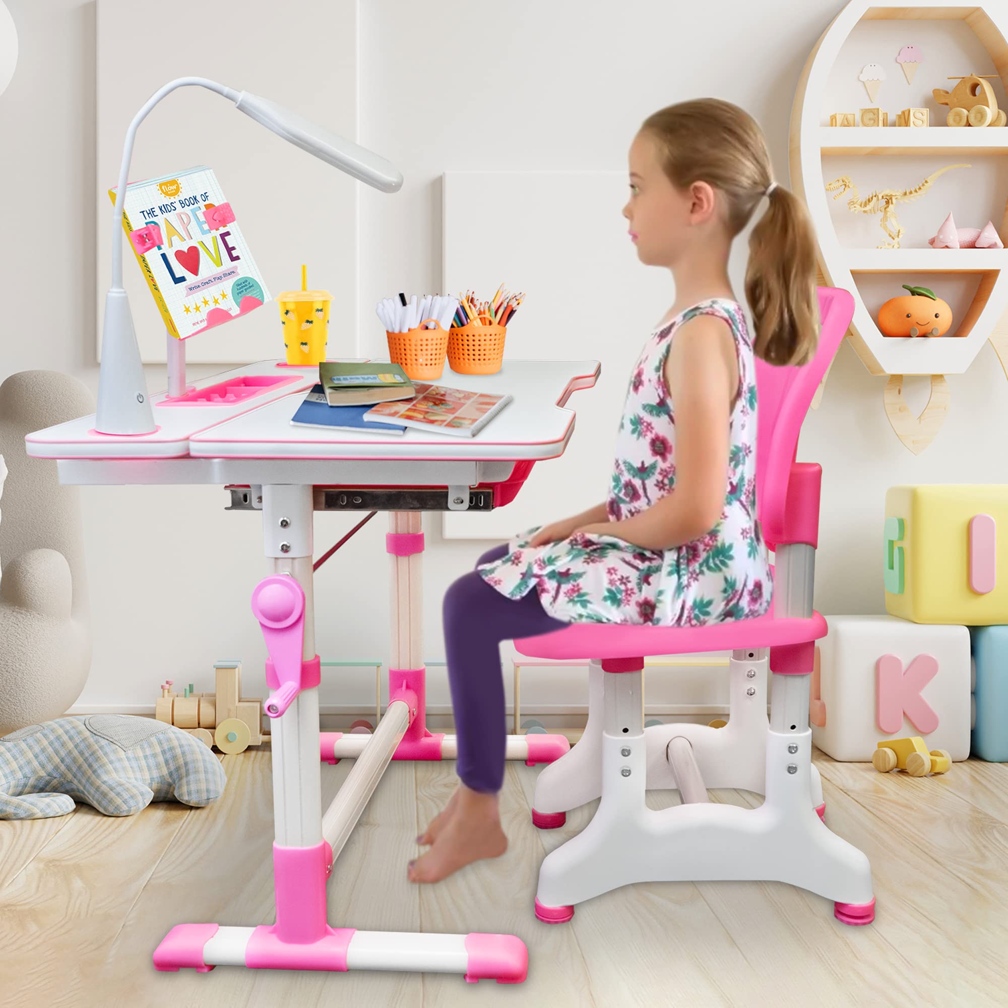 Gorilla Gadgets Adjustable Kids Table and Chair Set - Height Adjustable Children's Study Desk with Night Light for Bedroom, Playroom & Homeschooling - Perfect for Reading, Drawing & Learning Activities (DSK-Kids-PNK)