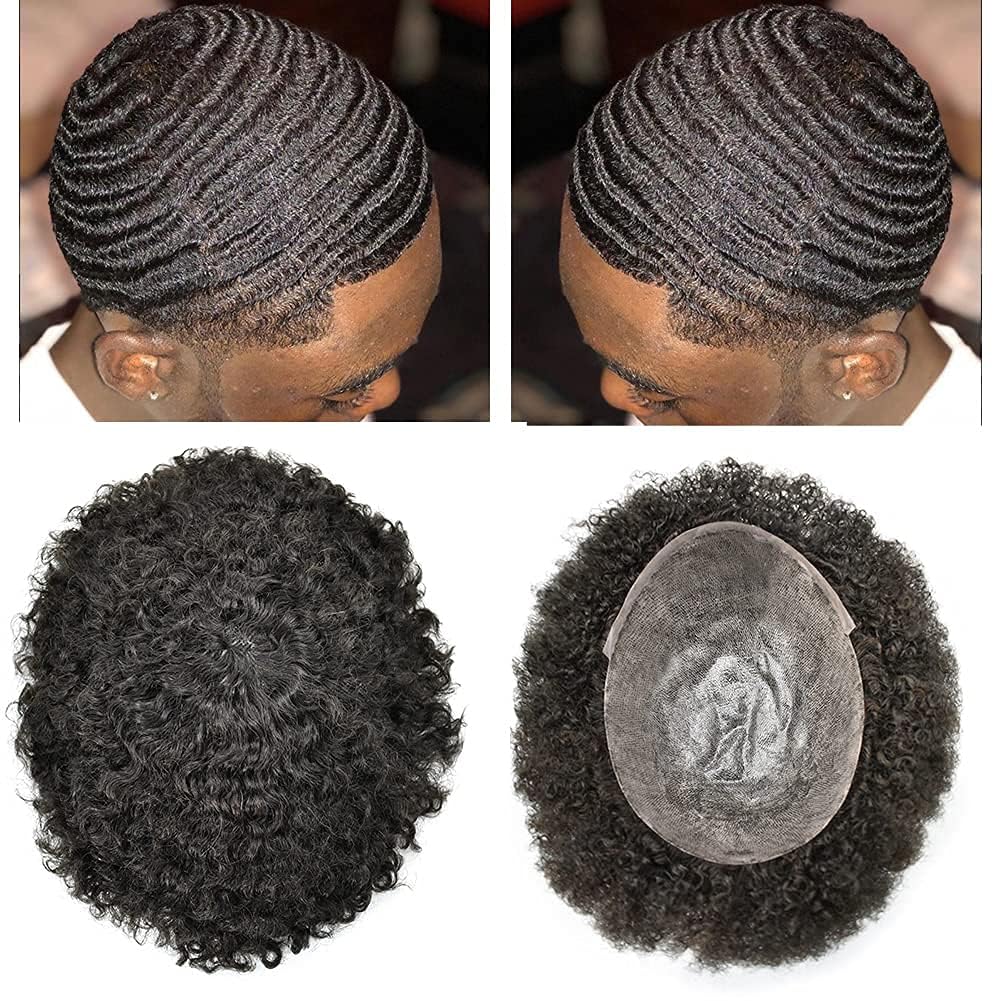 Afro Toupee for Black Men - Kinky Curly Brazilian Human Hair Piece - African American Afro Wavy Men's Toupee - Full Poly Thin Skin Replacement System (8x10 Inches, #1B Off Black, 12mm) - Perfect for Daily Wear, Cosplay, and Special Occasions