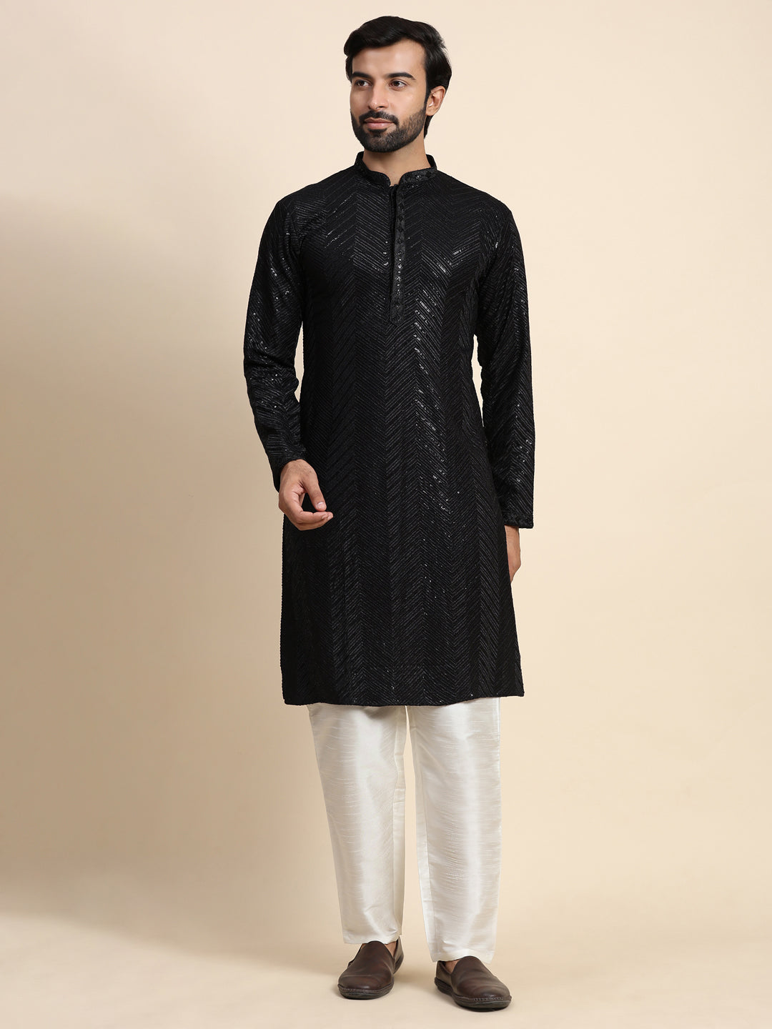Elegant Black Embroidered Kurta Pajama Set for Men - Traditional Indian Festive Wear for Diwali, Weddings & Special Occasions