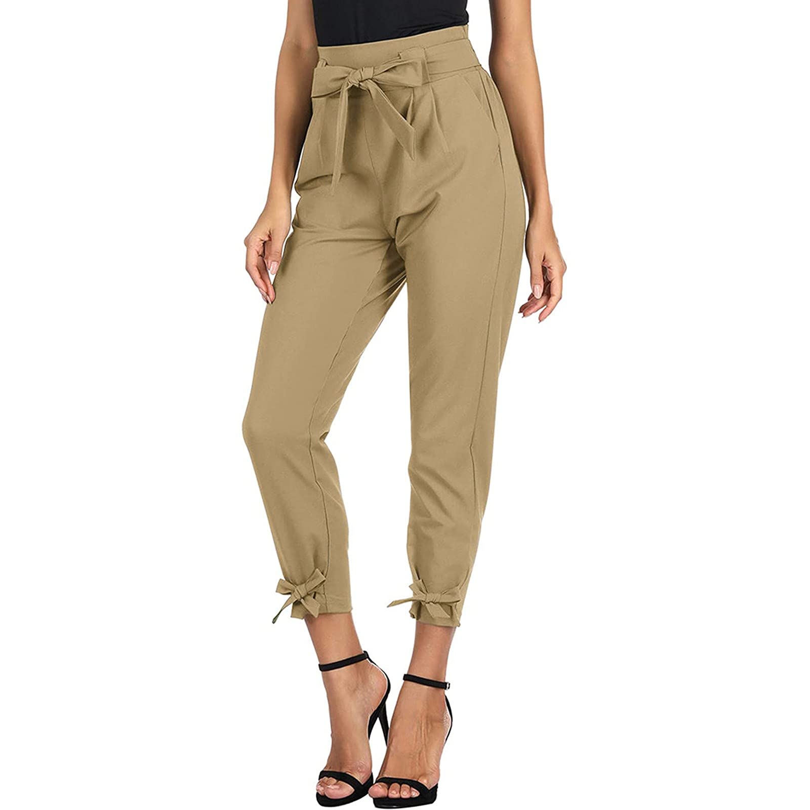 Women's High Waist Pencil Pants with Bow-Knot Pockets - Casual Work Pants, Summer Thin Cropped Harem Trousers for Office, Beach & Jogging | Comfortable Sweatpants for Women