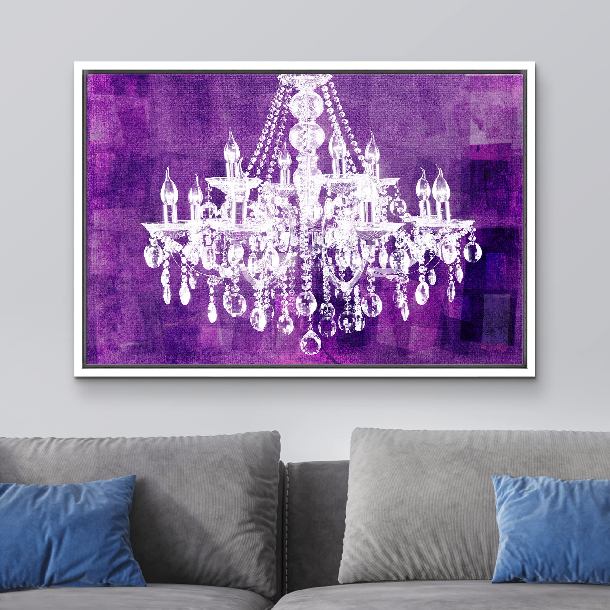 Wall26 Framed Canvas Print - White Chandelier Silhouette on Purple Background Modern Wall Art | Digital Art Print for Living Room, Bedroom, Office Decor | 24x36 Inches White Frame | Perfect for Relaxing Spaces & Chic Home Interiors