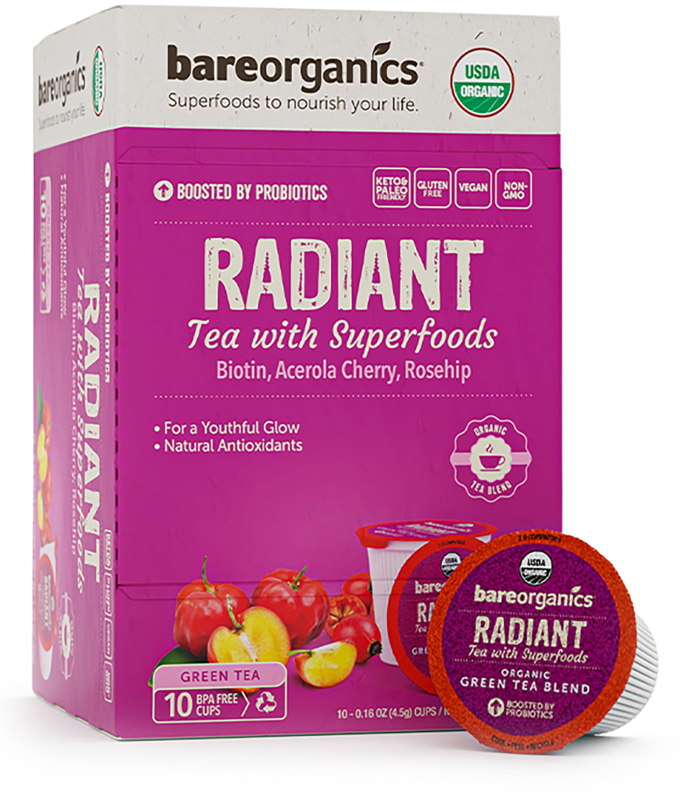 BareOrganics Radiant Tea with Superfoods & Probiotics | USDA Organic Certified, Vegan, Non-GMO | Compatible Tea Pods for Keurig | 10 Count Recyclable K-Cups | Boost Energy & Detox for Daily Wellness